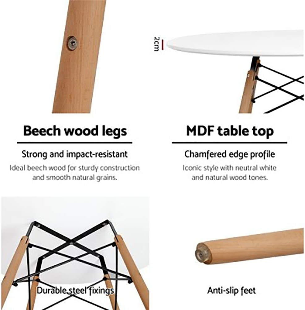 4-Seater round Replica Eames DSW Dining Table Kitchen Timber 90Cm (White) image number 5