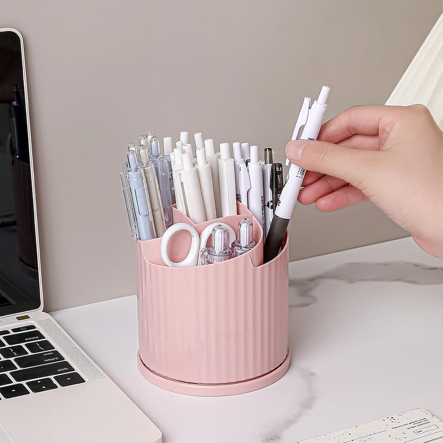 Anyoifax 360 Rotating Makeup Brush Holder Organizer 5 Slots Make up Brushes Cup Flower-Shaped Spinning Pen Holder for Vanity, Cosmetics, Lipsticks, Pink - Pink image number 2