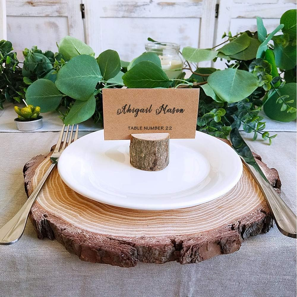 OBLEGY 10Pcs Wood Place Card Holders and 10Pcs Kraft Table Name Place Cards, Natural Log Table Number Stands Food Labels Dinner Decor Photo Holders for Christmas, Weddings, Birthday, Party Supplies