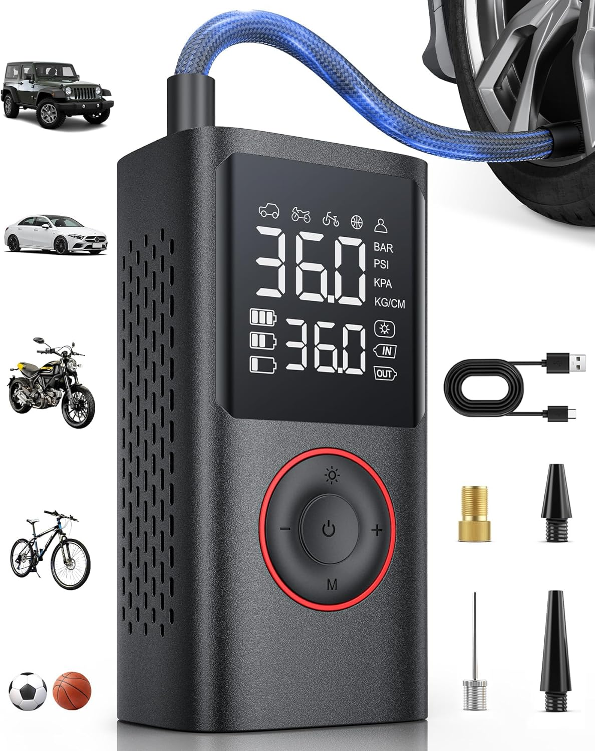 Tire Inflator Portable Air Compressor, 150 PSI Cordless Bike Pump, Air Pump for Auto, Motorcycle, Bicycle, Balls with Pressure Gauge, LED Light & Car Accessories, Black, Medium image number 2