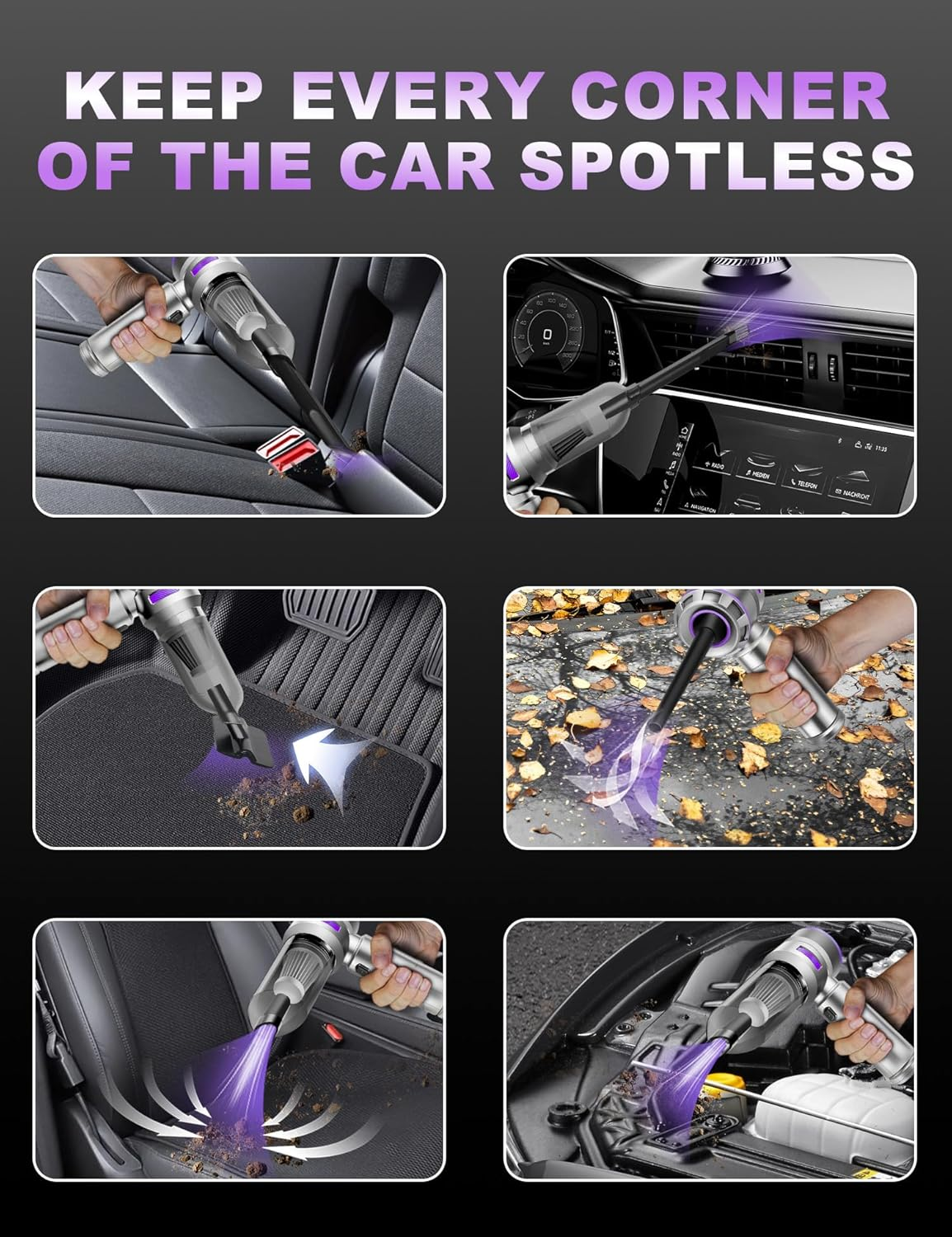 Handheld Car Vacuum Portable Cordless, 15000Pa High Power Handheld Vacuum with Brushless Motor, 4 in 1 Vacuum Cleaner Air Duster for Car Home Office Pet Hair Keyboard image number 5