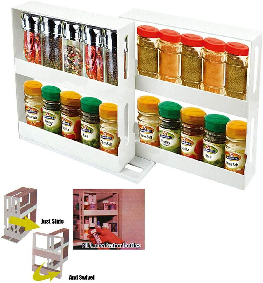 AUSTOCK Slide Out White Swivel Spice Rack Holder Organizer, 28Cm X 27Cm X 10Cm, Holds 20 Bottles, Fits Standard Bottles, No Installation Required, Kitchen Cabinet Space Saver image number 5