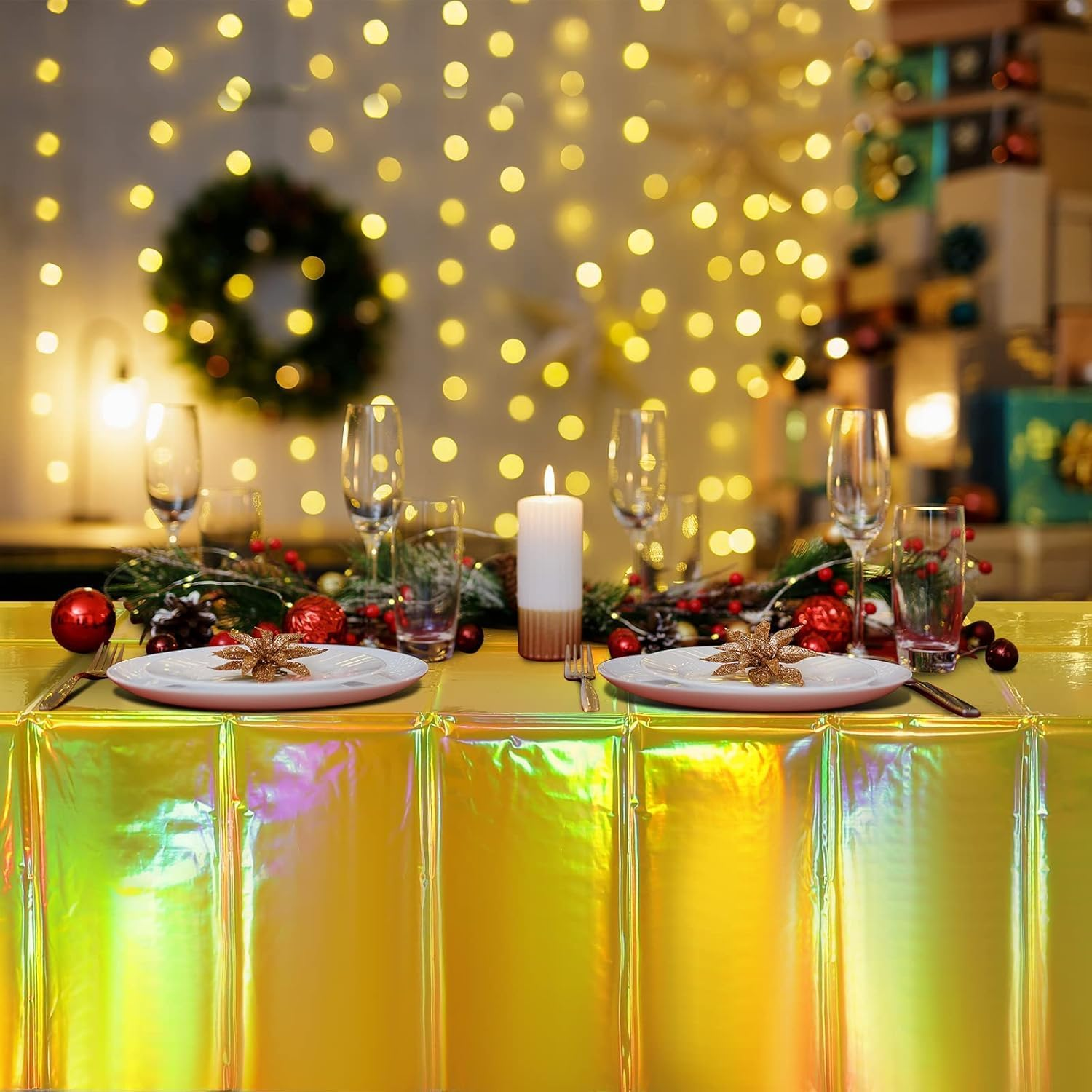 2Pack Iridescent Checkered Plastic Tablecloth, Shiny Disposable Laser Rectangle Table Covers, 54X108Inch Holographic Foil Tablecloth Iridescent Party Decorations Race Car, (Gold)