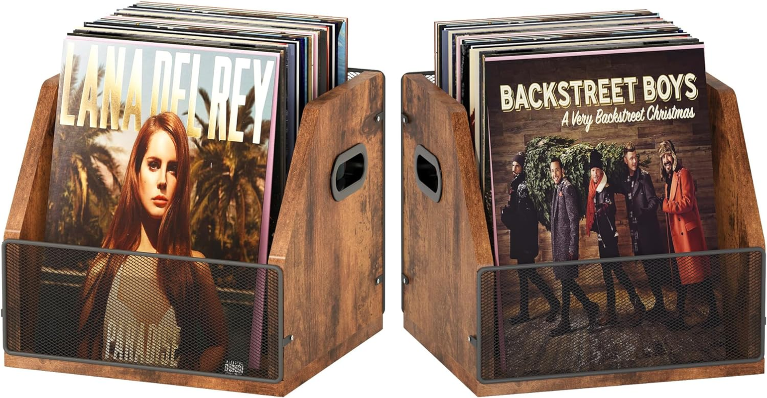 Homeiju 2 Pack Vinyl Record Storage, Album Storage for Vinyl Records, Record Crates for Vinyl, Vinyl Record Album Holder, Vinyl Holder, Metal & Wooden LP Record Crate, Vinyl Record Box Case Crate