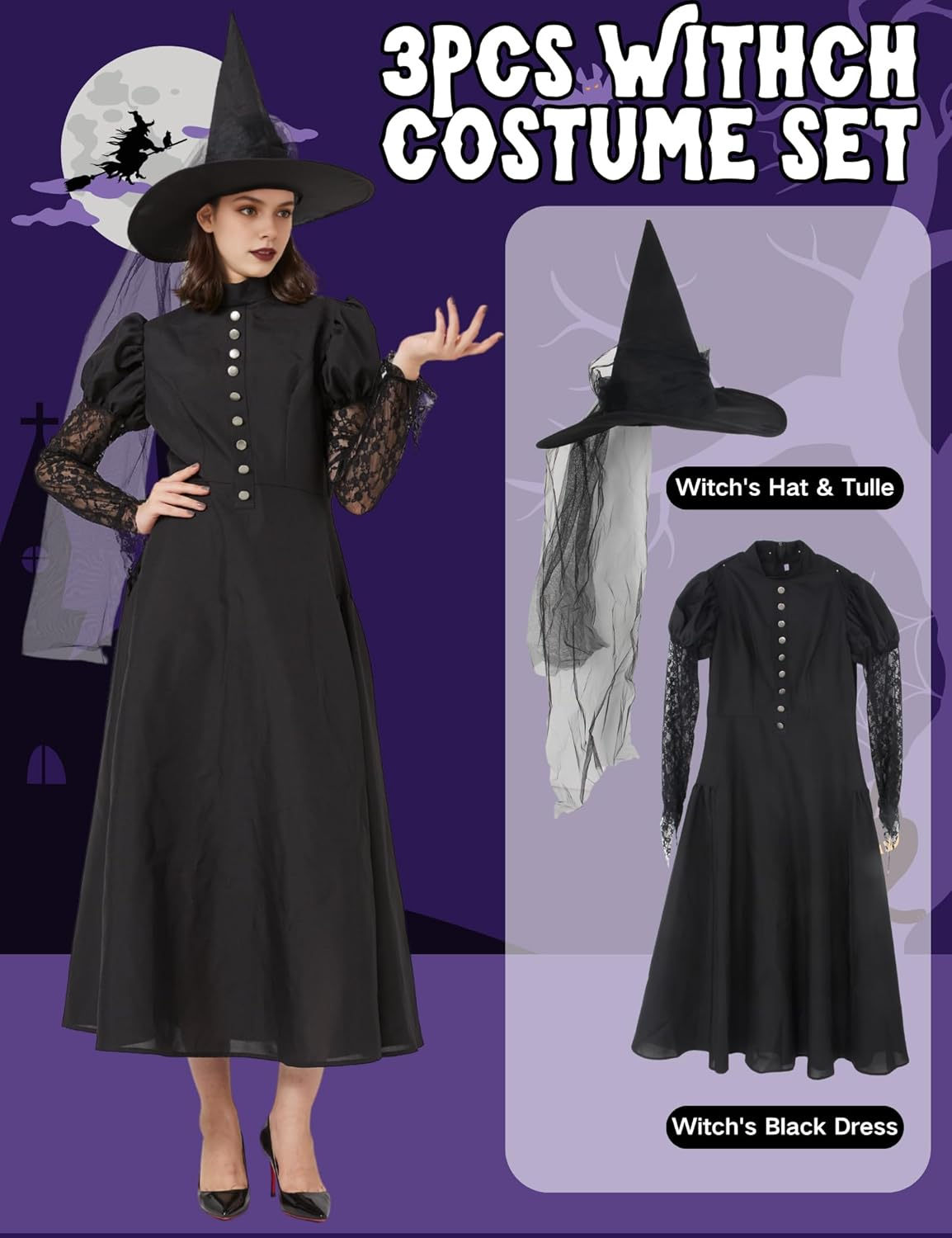 3Pcs Women'S Wicked Witch Costume for Adult Halloween Outfit Witch Dress with Hat and Tulle for Sorceress Cosplay image number 3