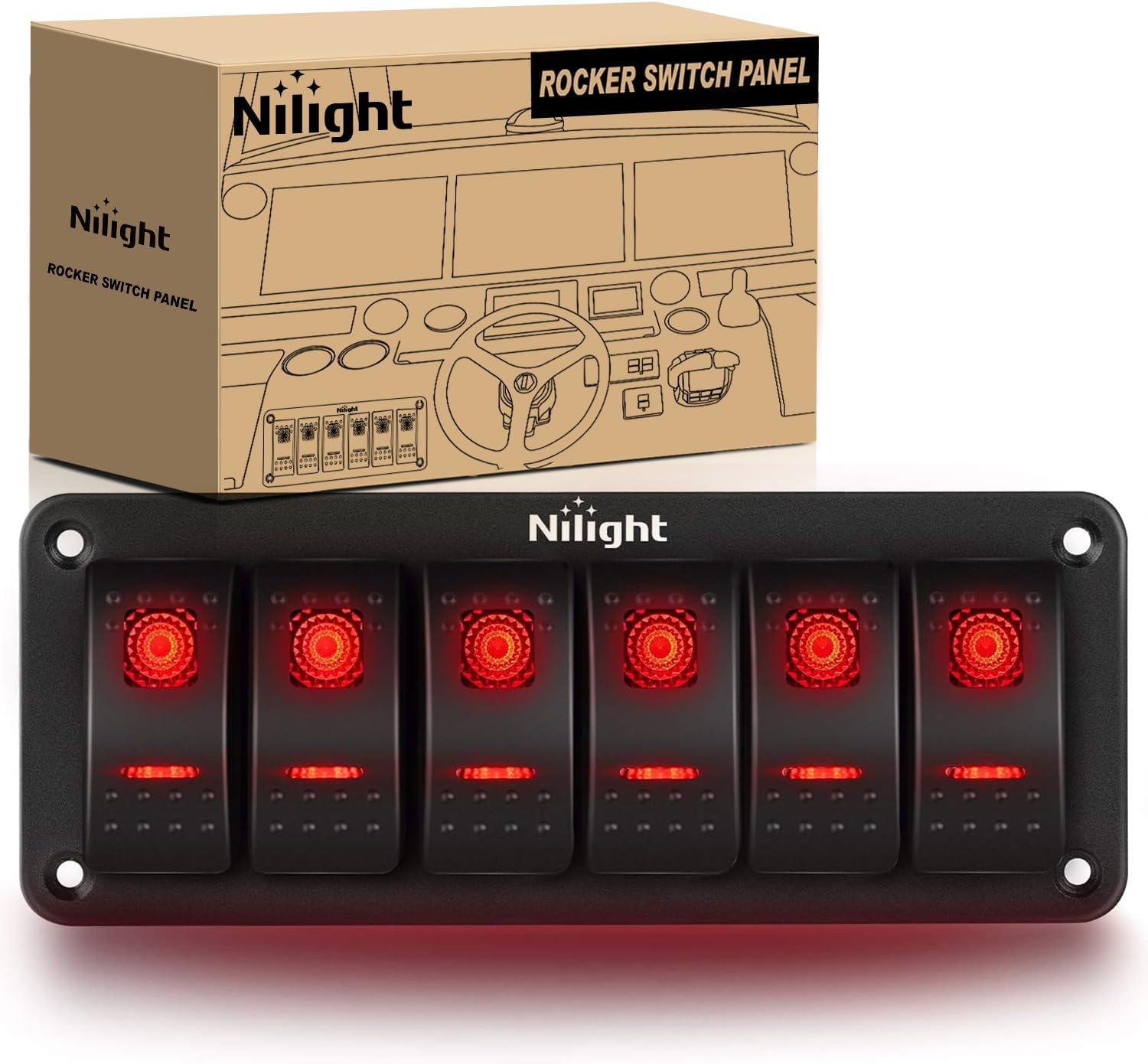 Nilight 6 Gang Rocker Switch Panel 5Pin on off Toggle Switch Aluminum Holder 12V 24V Dash Pre-Wired Green Backlit Switches for Automotive Cars Marine Boats Rvs Truck