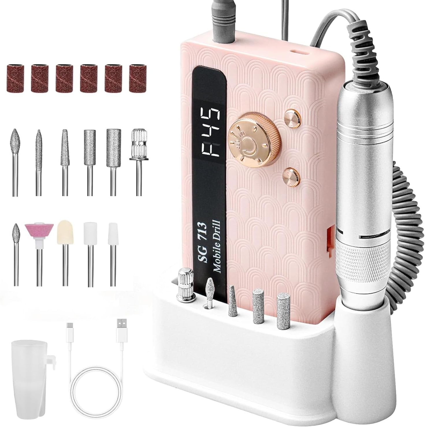 Yisis Professional Electric Nail File Kit - 45000RPM Rechargeable Nail Drill with 11 Bits, LED Screen, Ultra-Silent & Portable Design for Acrylics, Gel, Manicure (Pink)