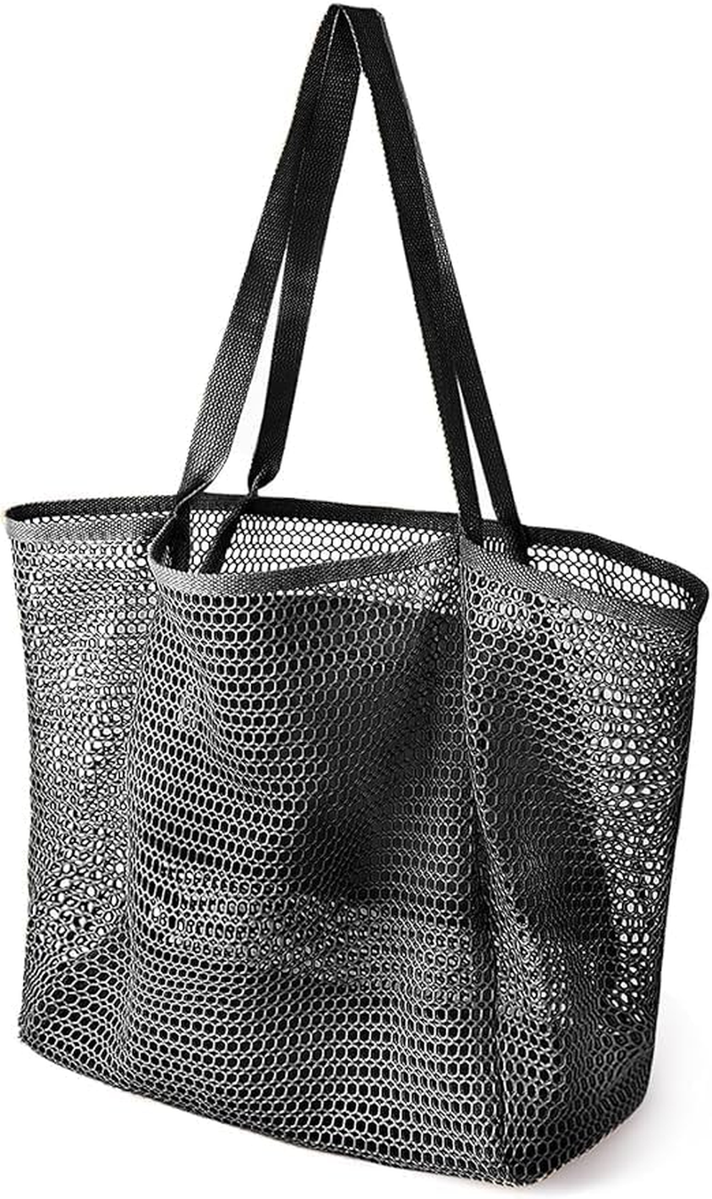 Beach Bags for Women - Summer Travel Mesh Tote Bag, Sandproof Woven Shoulder Handbag with Large Inner Pocket Black image number 5