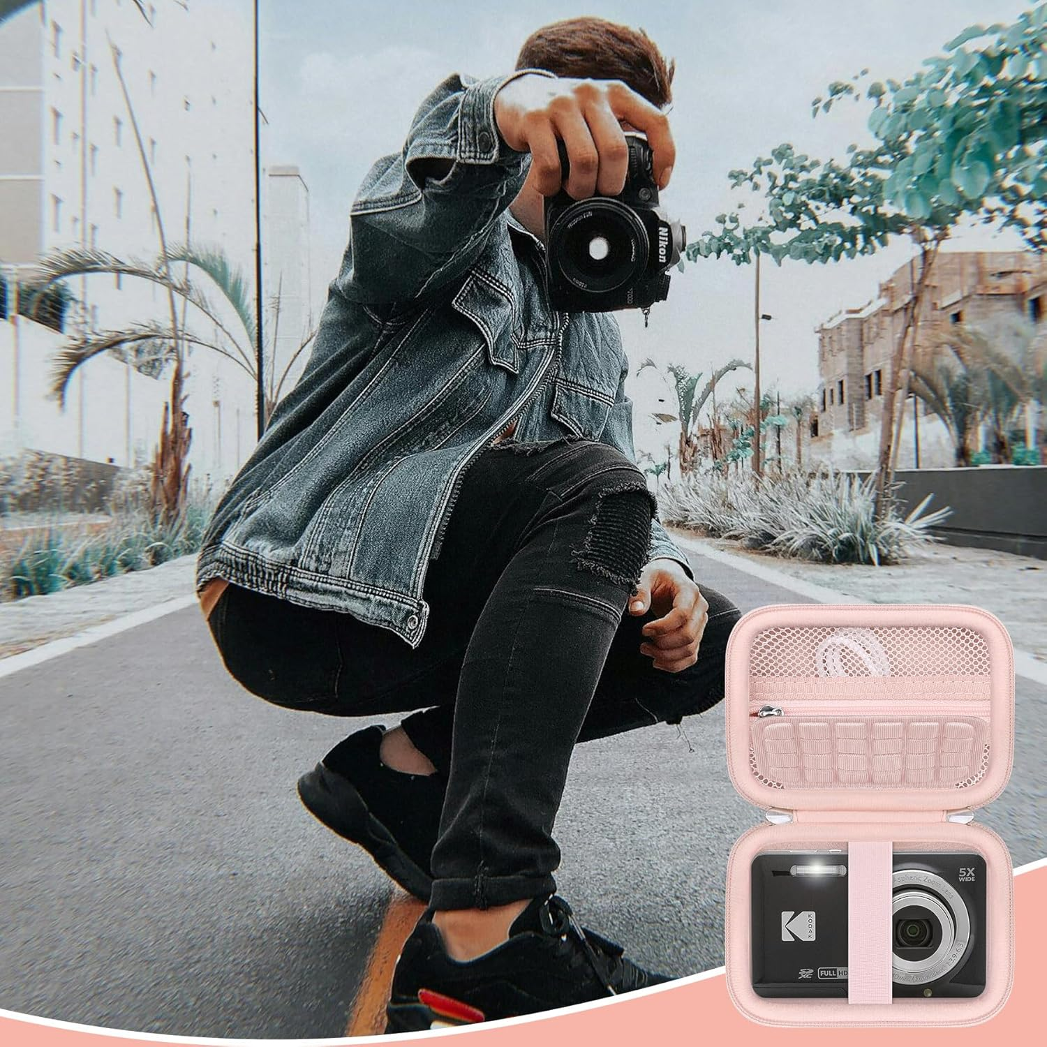 Supmay Digital Camera Case Compatible with Kodak PIXPRO FZ55 FZ45 Friendly Zoom Digital Camera, Vlogging Camera Storage Holder Travel Bag with Mesh Pocket for Battery, USB Cable, SD Card, Pink - Black image number 7