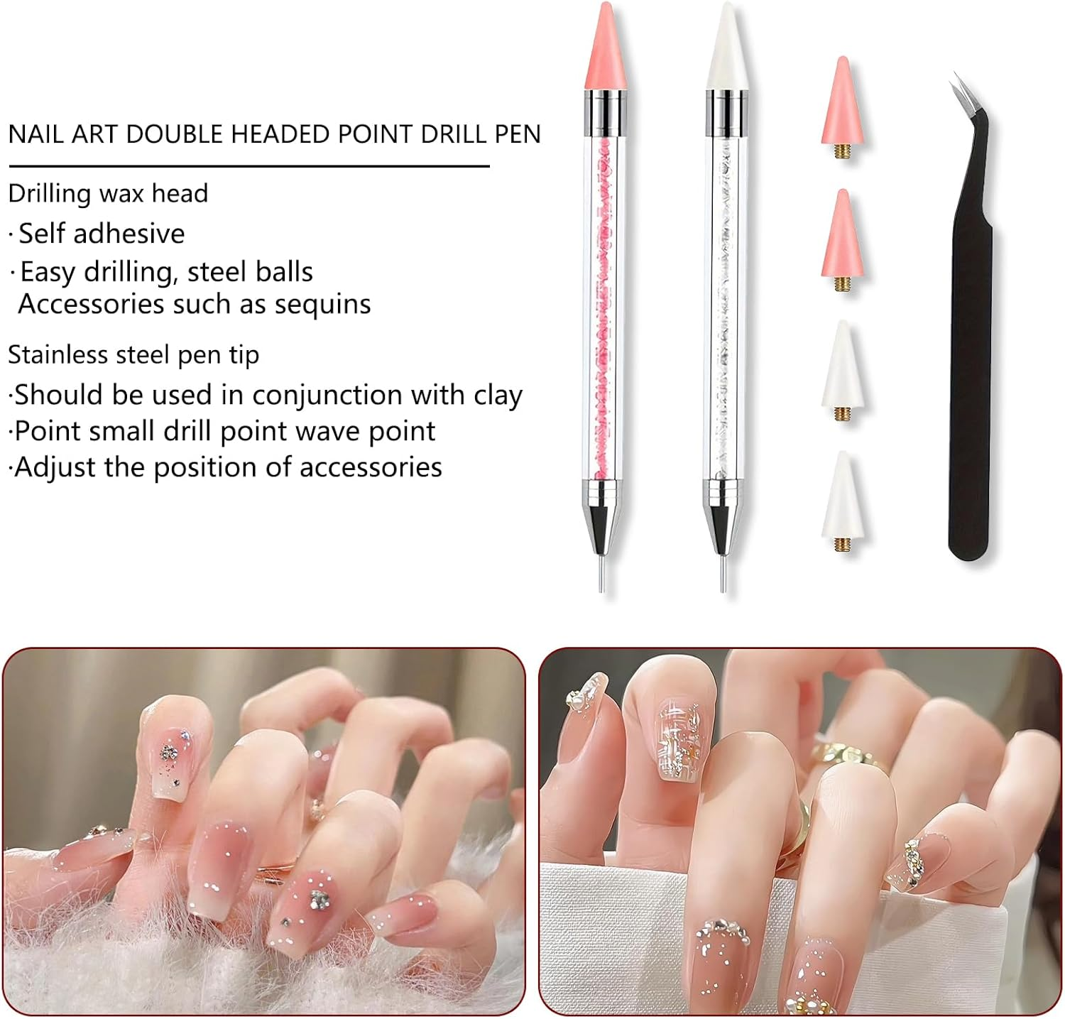JANGJANG 2 Pcs Rhinestone Picker Tool Set, Acrylic Handle Bedazzler Kit, Dual-Ended Nail Art Tools with 4 Wax Tips and 1 Tweezer, DIY Nail Accessories for Rhinestones Application and Design image number 4