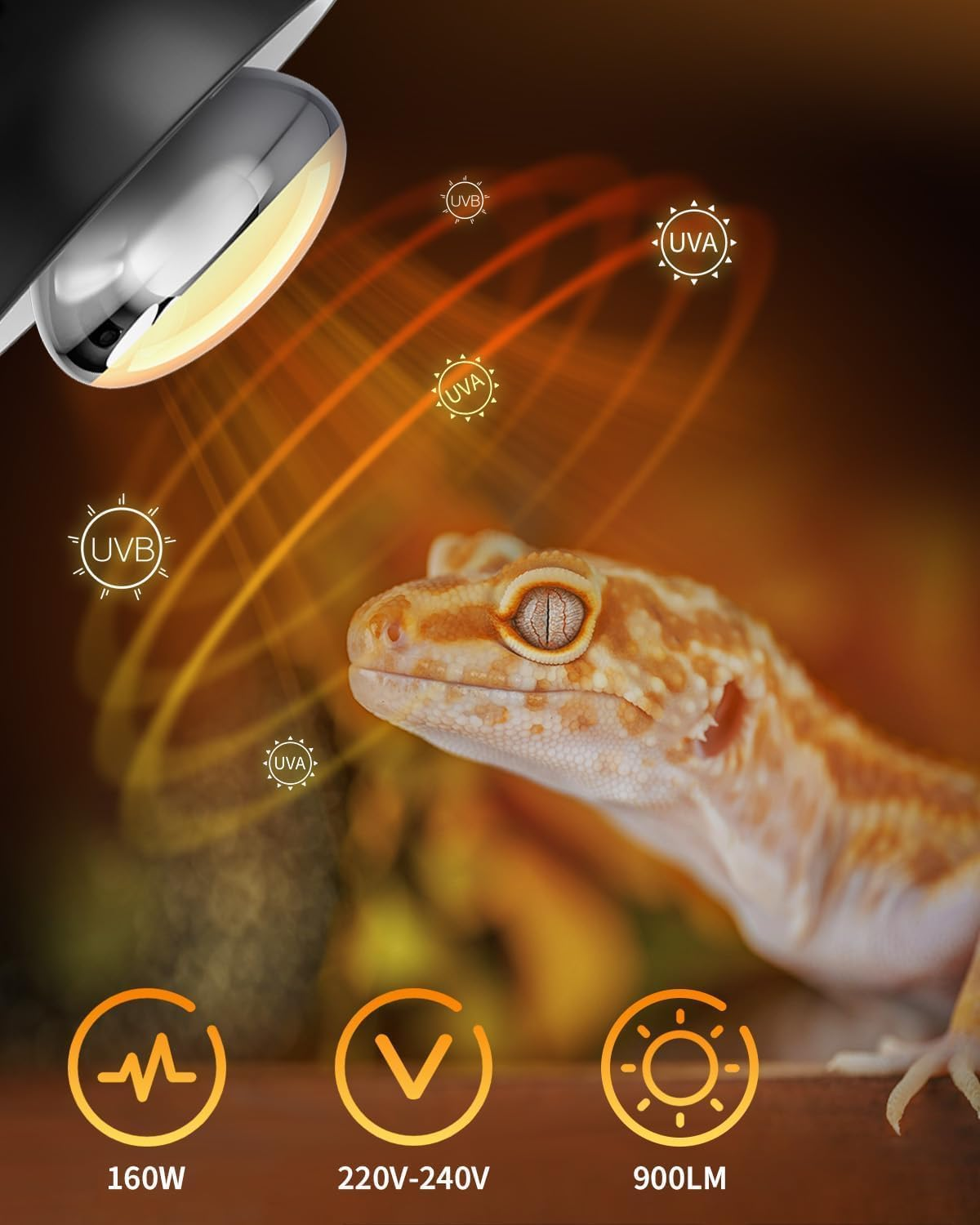 E27 UVB Reptile Heat Bulb 160W R95 Heat Lamp AC220-240V for Reptiles Amphibians, Bearded Dragons, Geckos, Snakes, Turtles, Tortoises, Lizards, Frogs, Spiders, Small Mammals (Pack of 1) image number 1