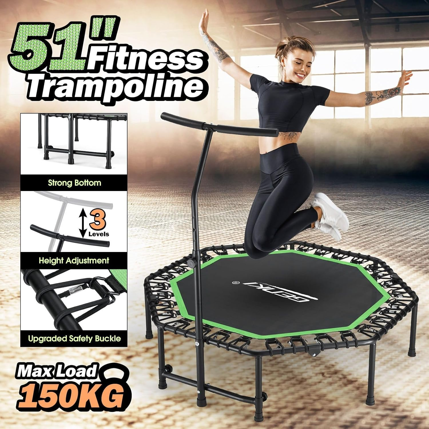 Genki Trampoline Bounce Rebounder Jumping Rebounding Home Fitness Gym Bungee Exercise Equipment Indoor Outdoor round Adjustable Handlebar - T-Shaped-48Inch image number 6