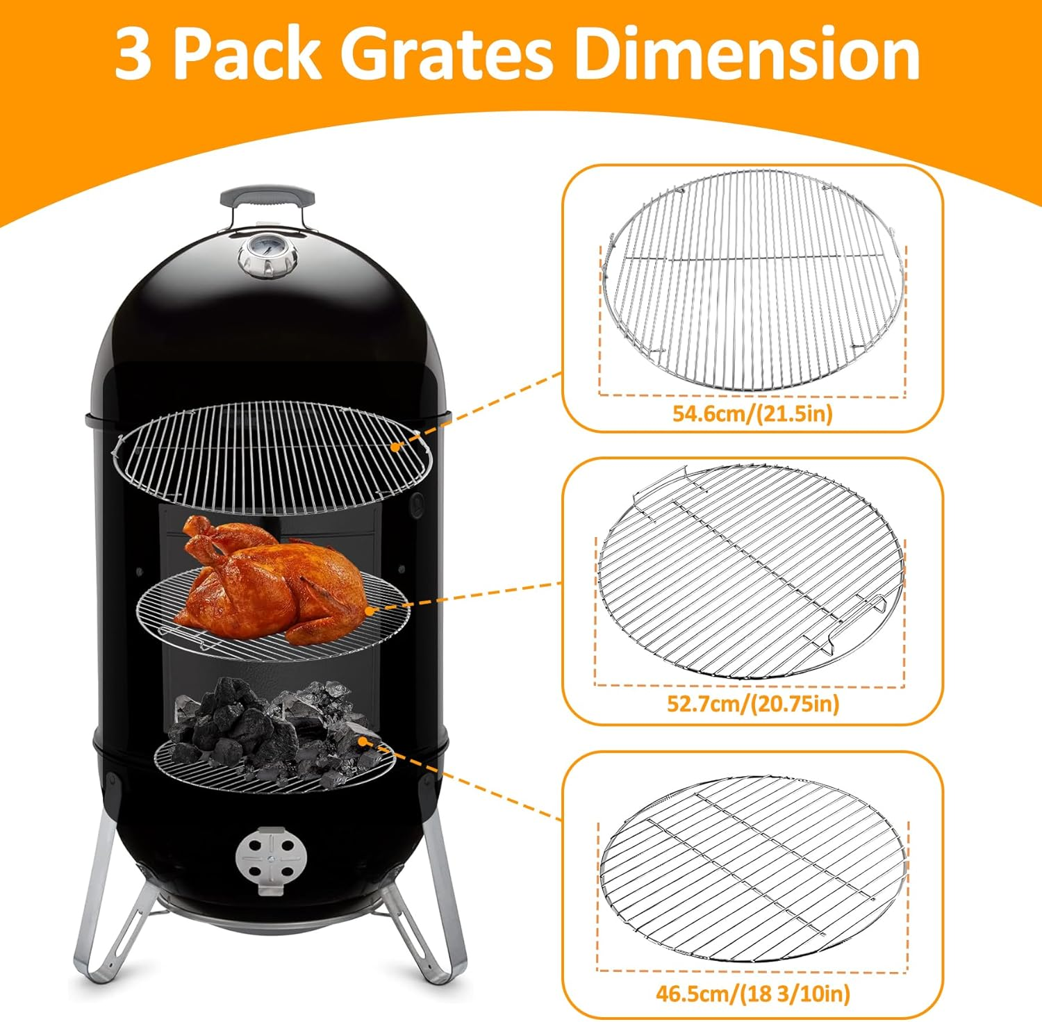 Cooking Grate for Weber 22'' Charcoal Grills, Charcoal Grate Fits Weber 22" Inch Smokey Mountain Cooker Charcoal Smoker Grills, 22" Charcoal Smoker Parts, Replacement for Weber 7436 85041 63014 Parts image number 1