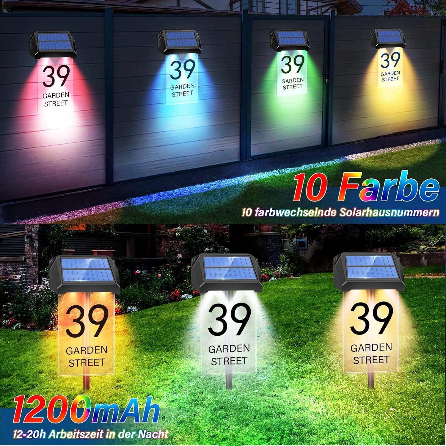 TOTHDATE Solar House Number Illuminated, 10 Colours, Personalised House Number Sign, Illuminated, 1200 Mah, IP65 Waterproof Address Board for Wall Floor - 10 Colours image number 6