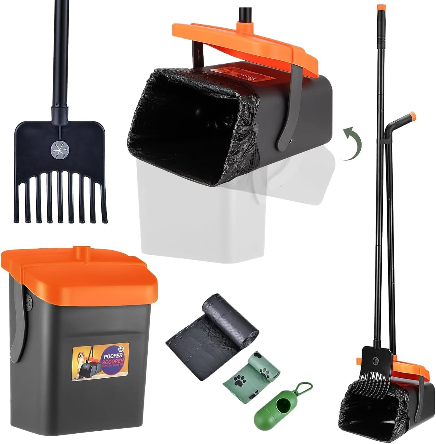 Pseul Pooper Scooper Swivel Bin & Rake Kit,116Cm Adjustable Long Dog Poop Scooper, with 35 Dog Poop Bags, Portable Dog Poop Picker Gravel-Dog Waste Set, Garden Cleaning Kit for Yard Dog Pet for Lawns image number 3