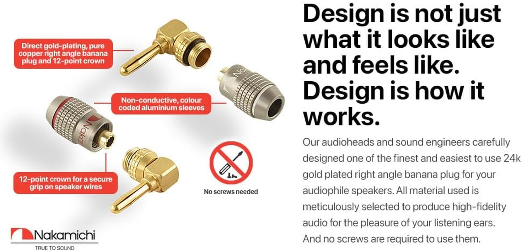 Nakamichi Fanlock Excel Series 24K Gold Plated Right-Angle 90 Degree Banana Plugs 10 AWG - 18 AWG Gauge Size 4Mm for Speakers Amplifier Hi-Fi Home Theatre Wire Cable Quick Connector, 12 Pcs (6-Pairs) image number 5