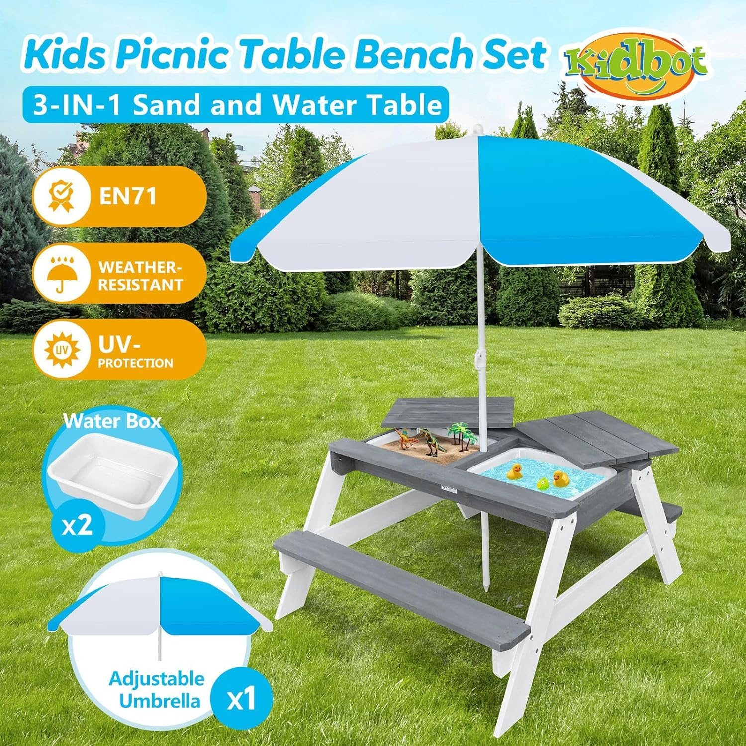 Kids Sand Water Table Chairs Set 3In1 Childs Outdoor Activity Desk Bench Childrens Picnic Craft Furniture Wooden Sensory Play Centre with Umbrella image number 5