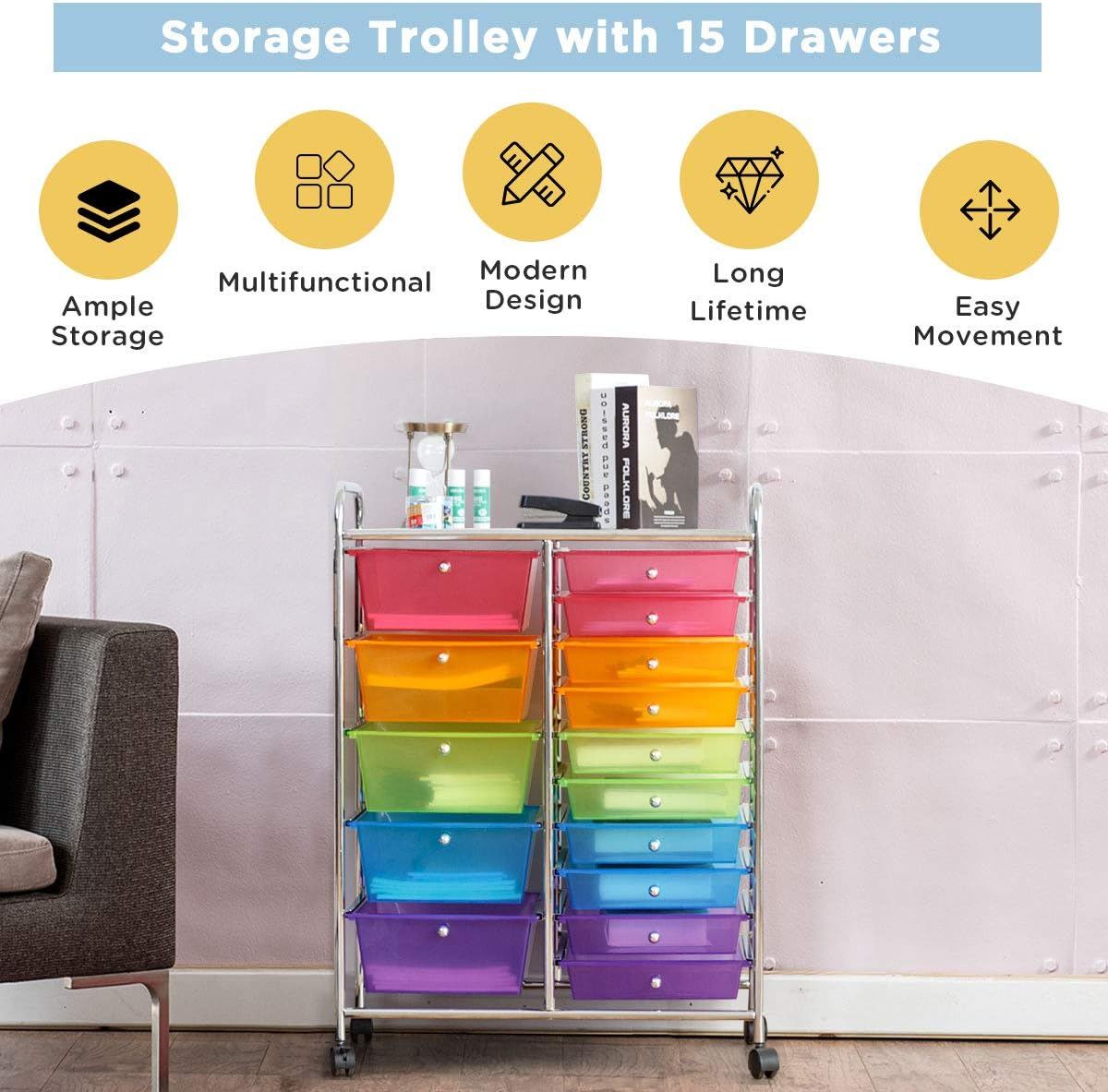 Costway 15-Drawer Rolling Storage Cart, Multi-Color, Steel & Plastic, Ideal for Home, Office, School & Garage image number 2