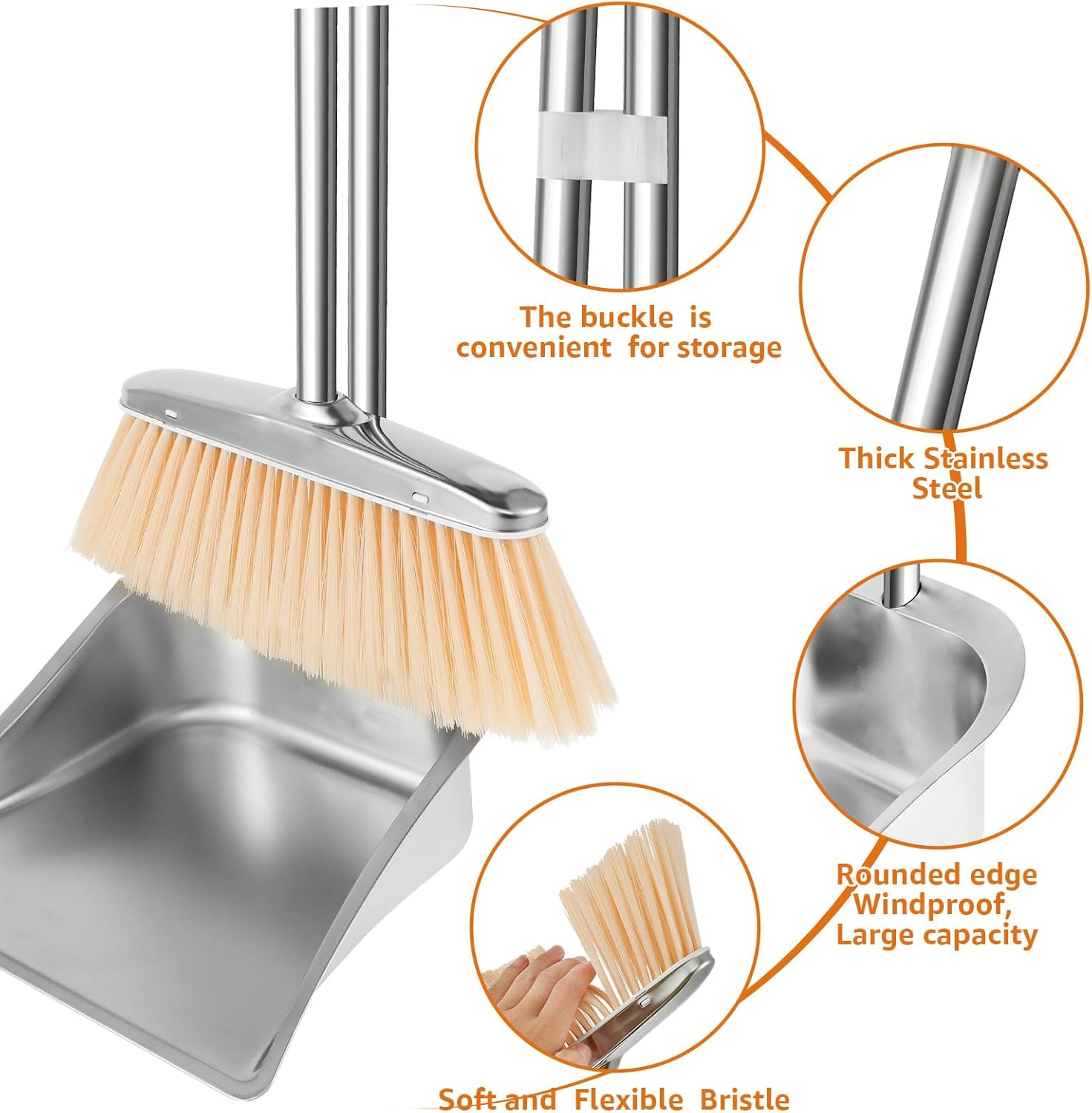 Broom and Dustpan Set Stainless Steel Upright Broom Dustpans with Long Handle Heavy Duty Dustpan Broom Combo Set Portable Sweeper and Dustpan Set for Home Office Dorm (Square) - Square image number 4