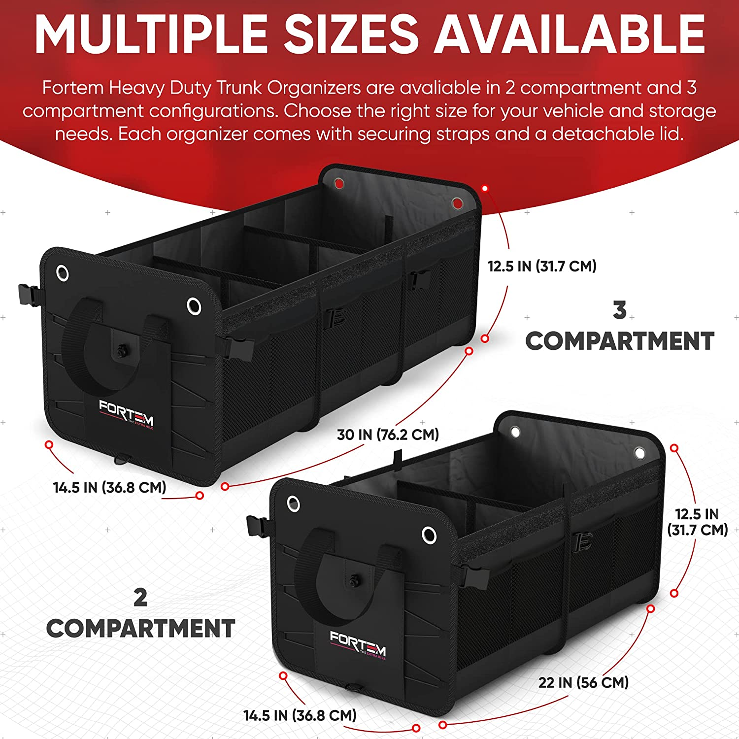 FORTEM Car Boot Organiser, Car Boot Tidy, Car Boot Storage, Collapsible Multi Compartment Car Organiser, Non Slip Bottom, Adjustable Securing Straps, Foldable Cover (3 Compartments, Black) image number 2