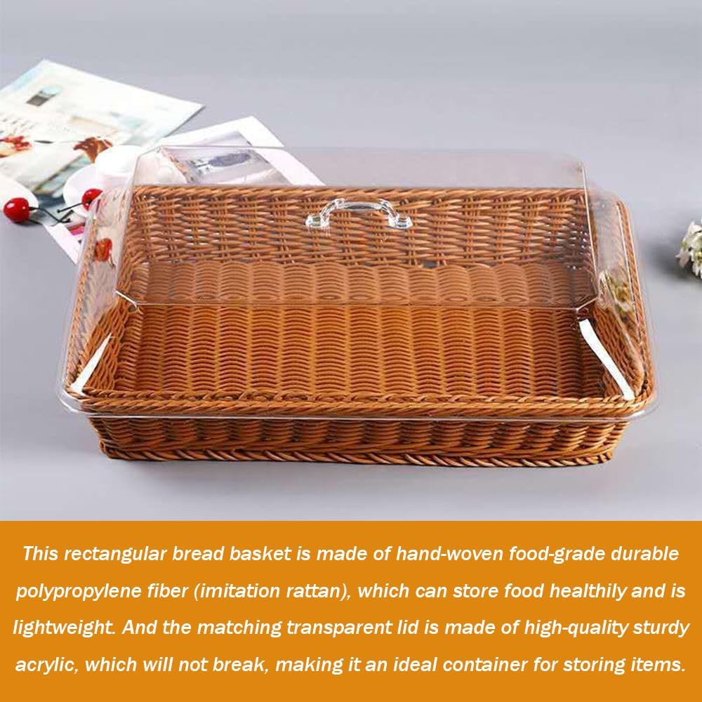 SHENMAIDAY Bread Basket with Lid, Woven Rattan Bread Basket, Desktop Food Serving Basket with Acrylic Lid, Kitchen Restaurant Fruit and Vegetable Basket, Multifunctional Storage Basket image number 3