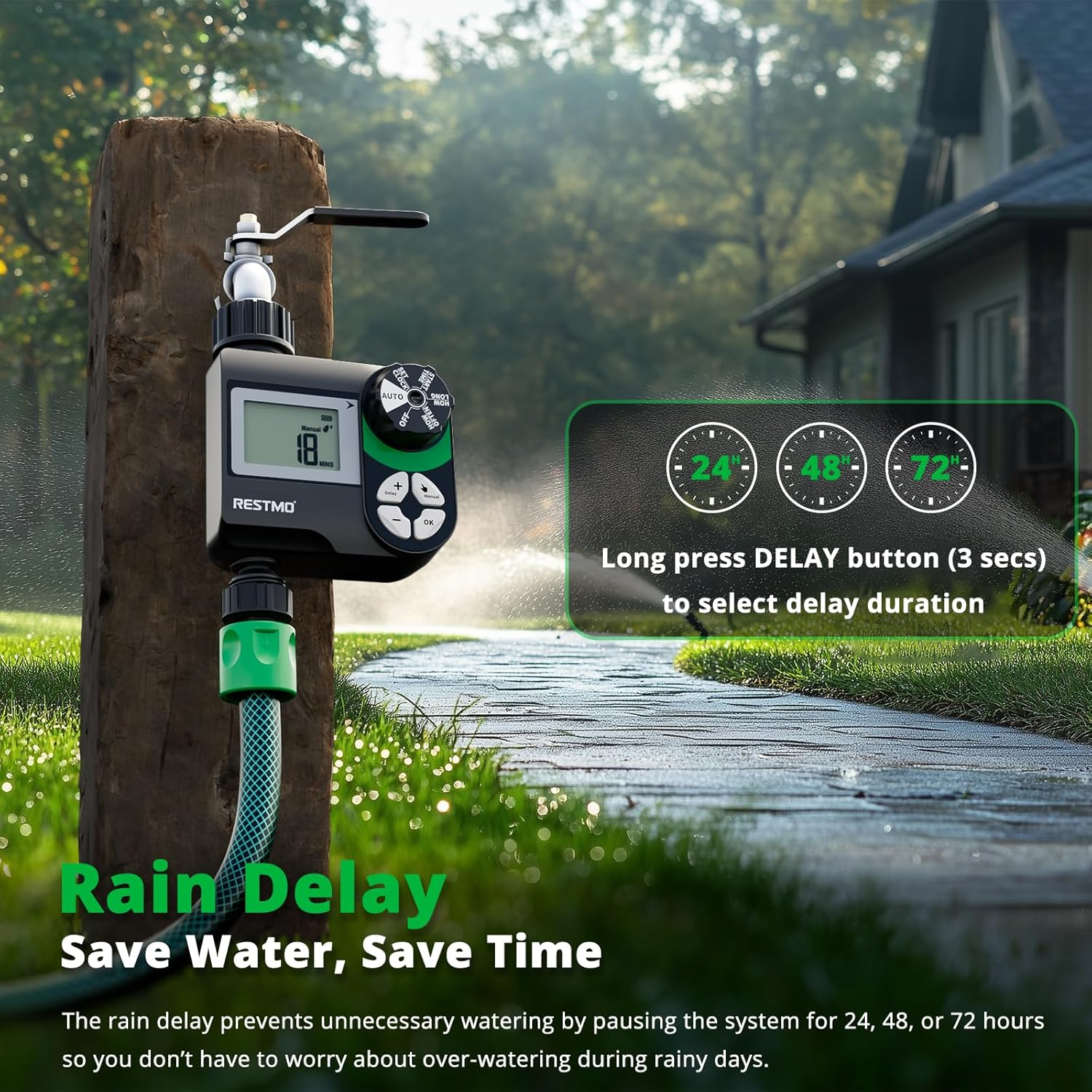 RESTMO Tap Timer, Irrigation Hose Timer with Rain Delay/Manual/Automatic Watering System, Water Timer for Outdoor Faucet, Garden Sprinkler, Yard and Lawn image number 2