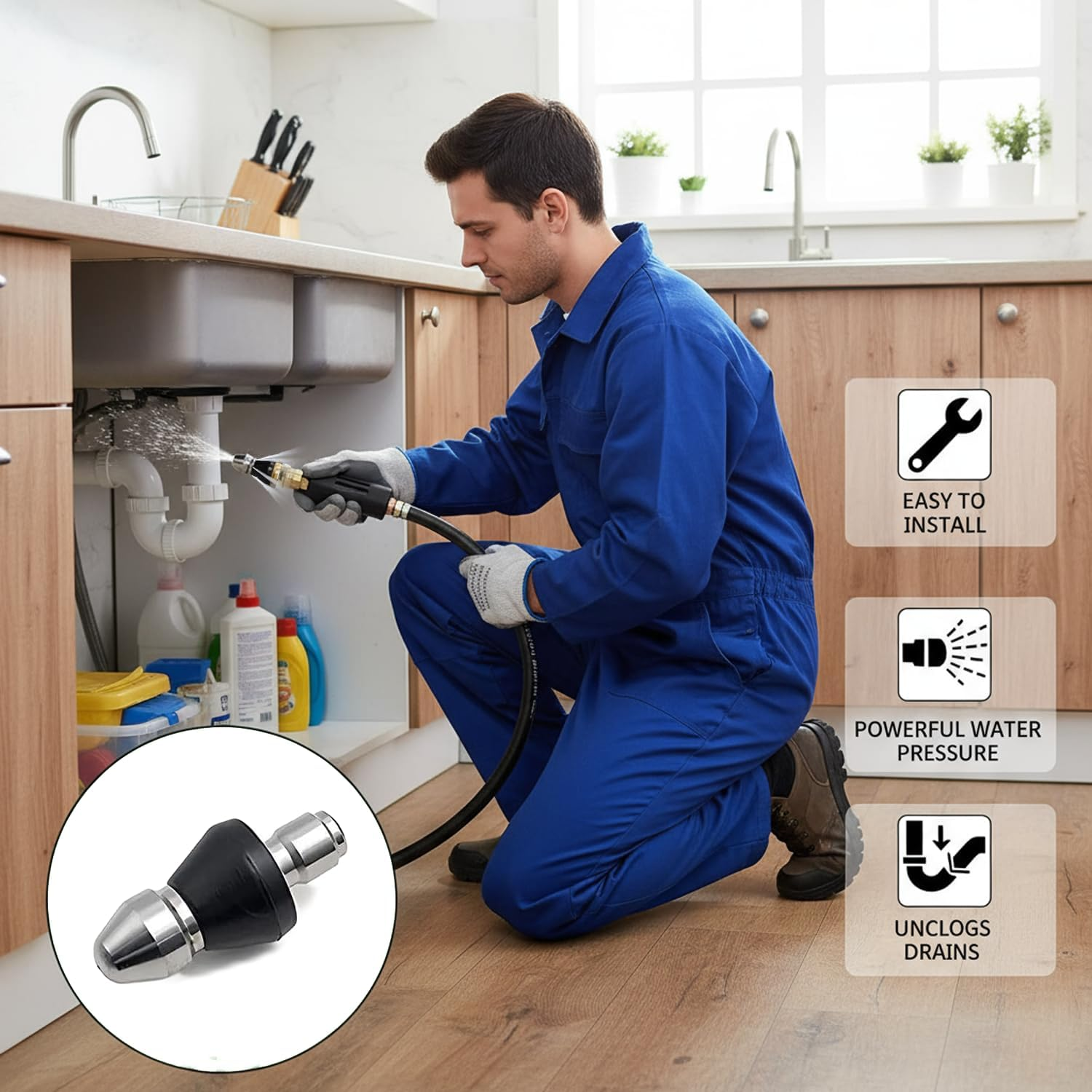 High Pressure Washer Nozzle, Drain Unblocker, Durable Gutter Cleaning Tool, Pressure Washer Accessories, Hose Nozzle for Plumbing, Drain Cleaning Tool, Stainless Steel - Haheihei image number 1