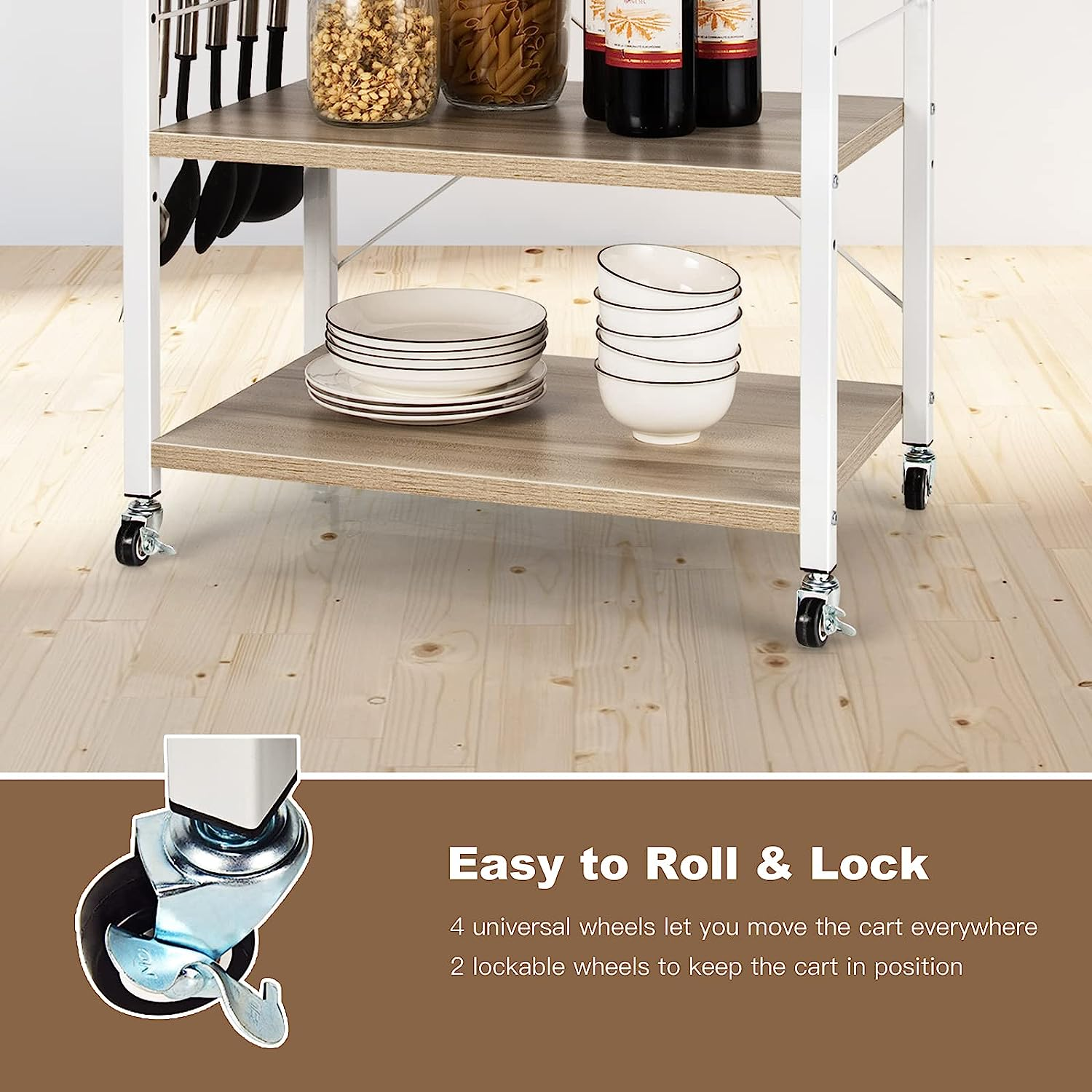 Giantex 3-Layer Kitchen Bakers' Rack Microwave Stand, Kitchen Rolling Cart with 4 Universal Wheels and 10 Removable Hooks, Coffee Cart Shelf Organizer for Living Room, Entryway (Natural) image number 1