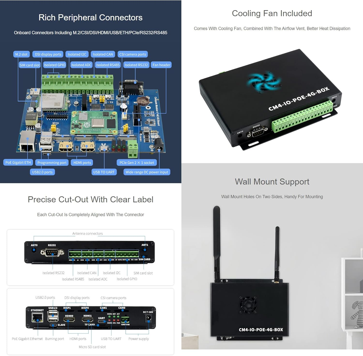 Waveshare Industrial Iot Mini-Computer Based on Raspberry Pi Compute Module 4 (Included) Waveshare CM4 Industrial Iot Board inside Poe 5G/4G Metal Case with Cooling Fan image number 2