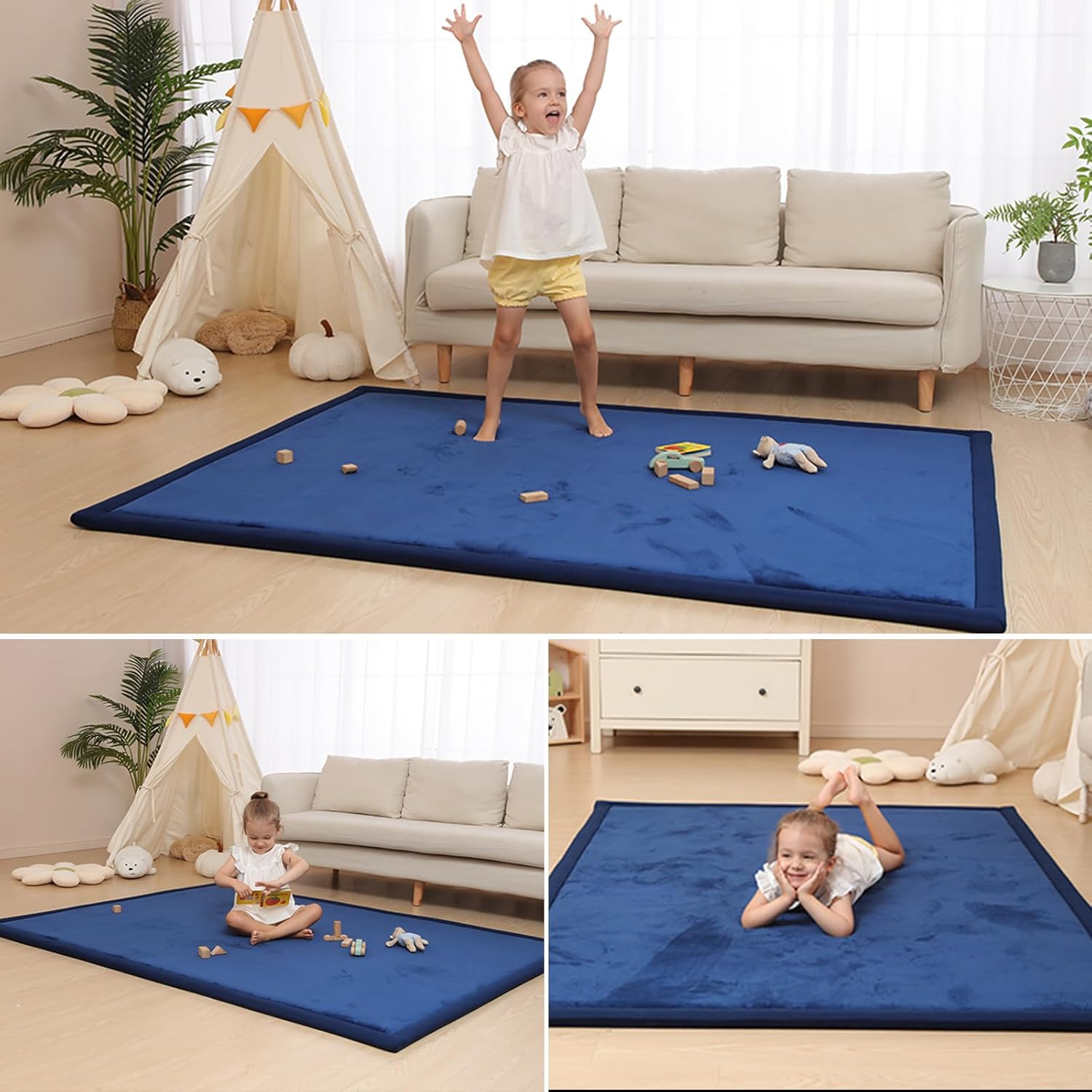 Kid'S Coral Velvet Play Mat Area Rugs, Thick Carpet Crawling Mat Modern Soft Area Rug for Nursery Baby Toddler Children Kids Room, Yoga Mat Exercise Pads (Deep Blue, 80X200Cm) image number 4