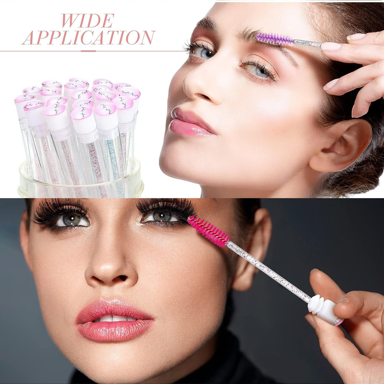 110-Piece Disposable Mascara Wand Set with 30 Reusable Diamond Eyelash Tubes and 80 Crystal Applicators, Designed for Women and Girls' Makeup, in a Stylish Pink Eye Pattern