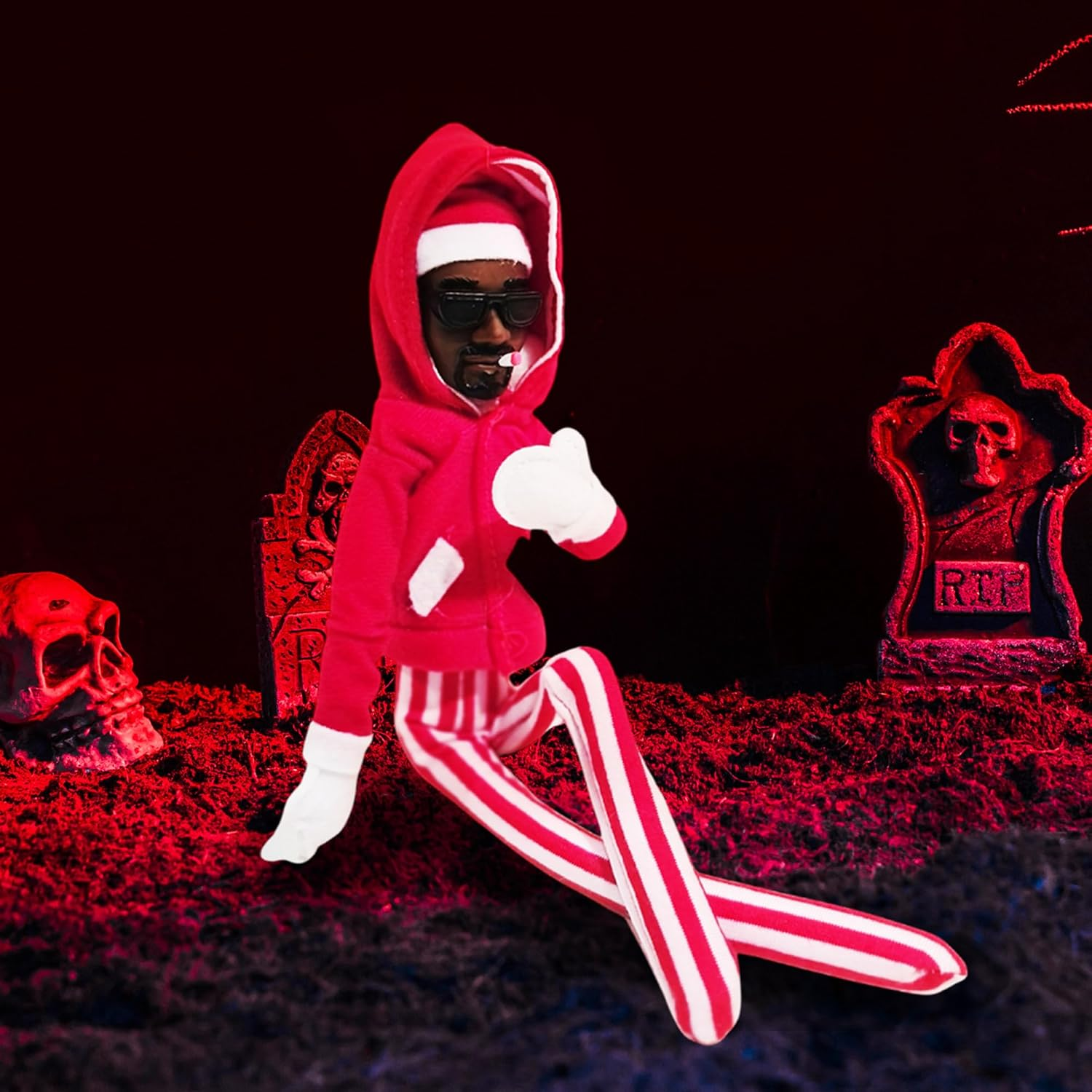 Snoop on a Stoop Elf Rapper Christmas Decoration, Handmade Hip Hop Ornament Plush for Holiday Home Garden Party Decor (Red) image number 1