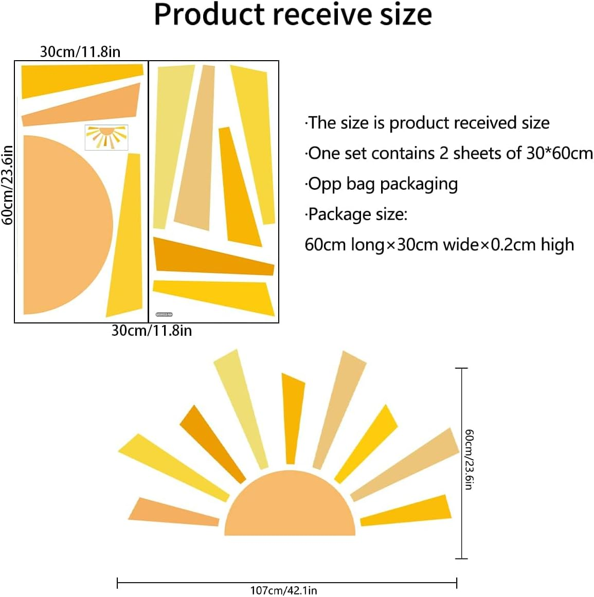 42.1X23.6 Inch Boho Half Sun Decal - Large Decal, Sunshine Wall Stickers, Vinyl Peel and Stick Decals for Nursery and Kids Room Playroom