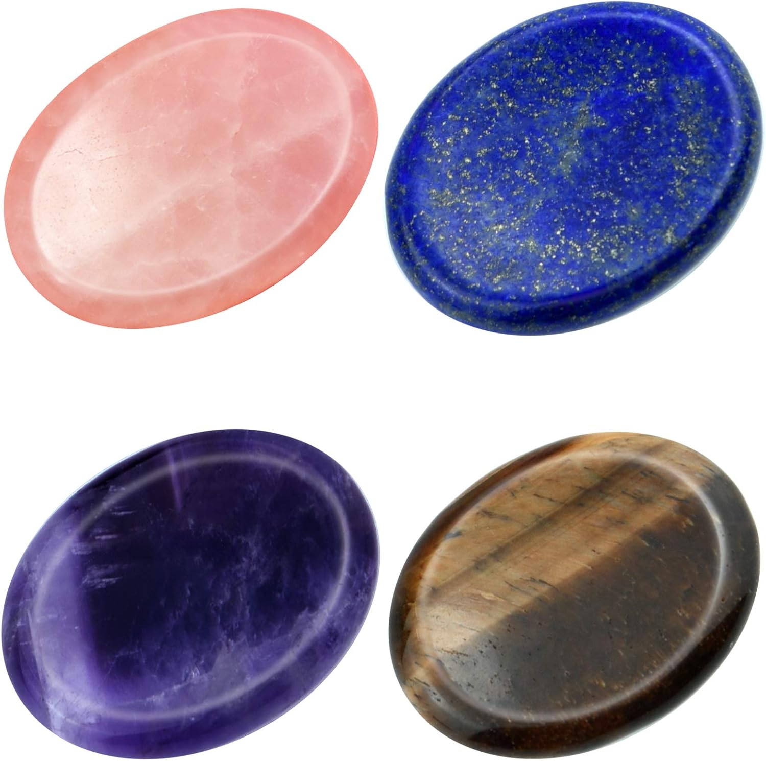Marrywindix 4 Packs Natural Thumb Worry Stone Set Pink Crystal Amethyst Tiger Eye Lapis Lazuli for Anxiety Stress Relief Meditation Crystal Therapy image number 4