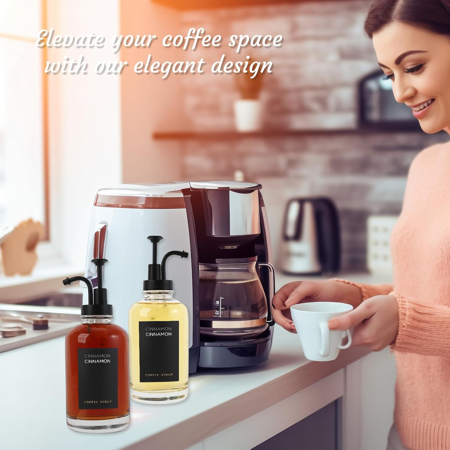 Joyfulmap 2 Coffee Syrup Dispenser with 18 Labels, Black Pump Dispenser with Bottles for Coffee Bar, Minimalist Glass Coffee Bottle, Simple Maple/Coffee Syrup Bottles W. Black Labels,16.9 Oz 500 Ml image number 3