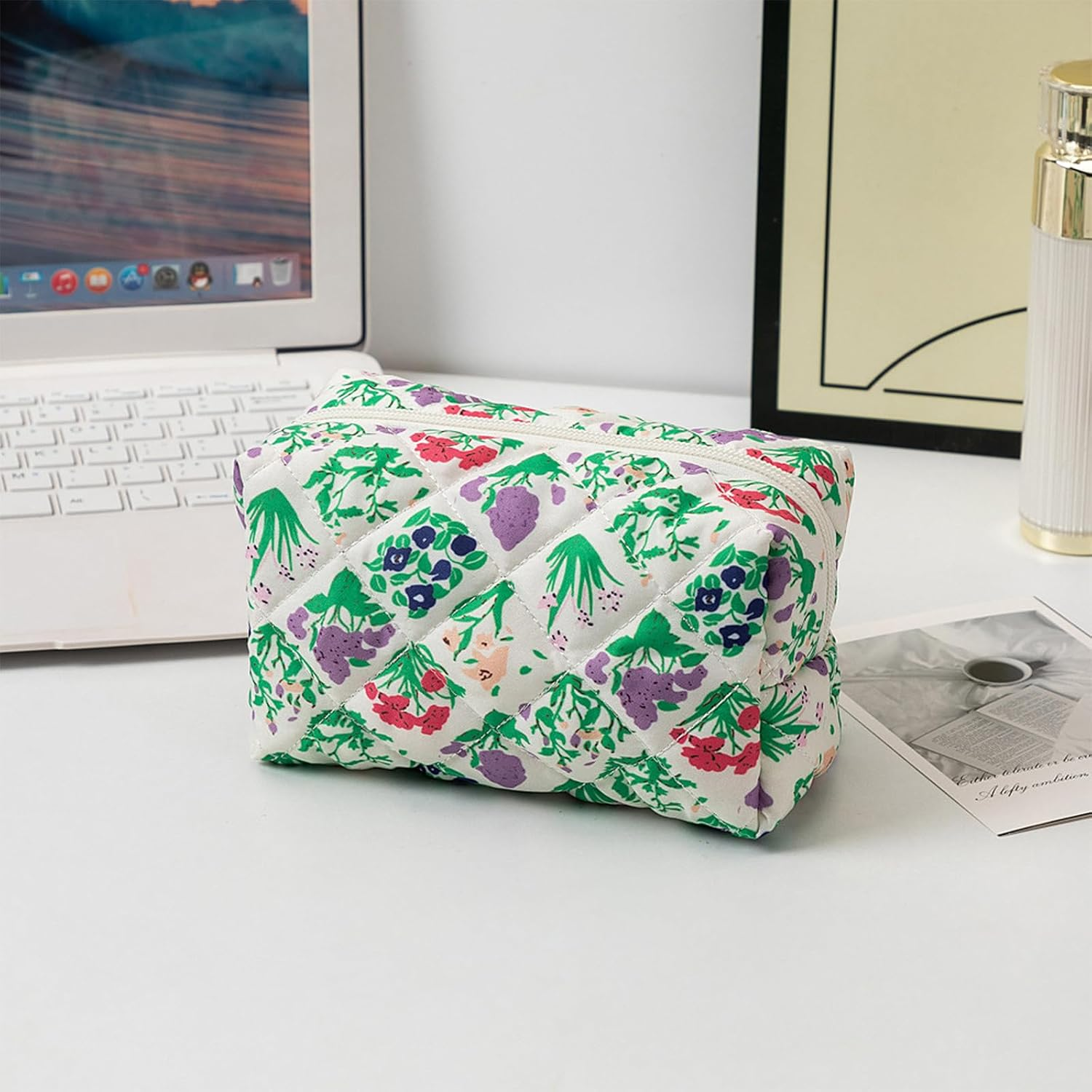 Makeup Bag Quilted Cosmetic Bag Floral Large Pouch,Coquette Toiletry Bag Travel,Large Capacity Aesthetic Makeup Bags Zipper image number 6