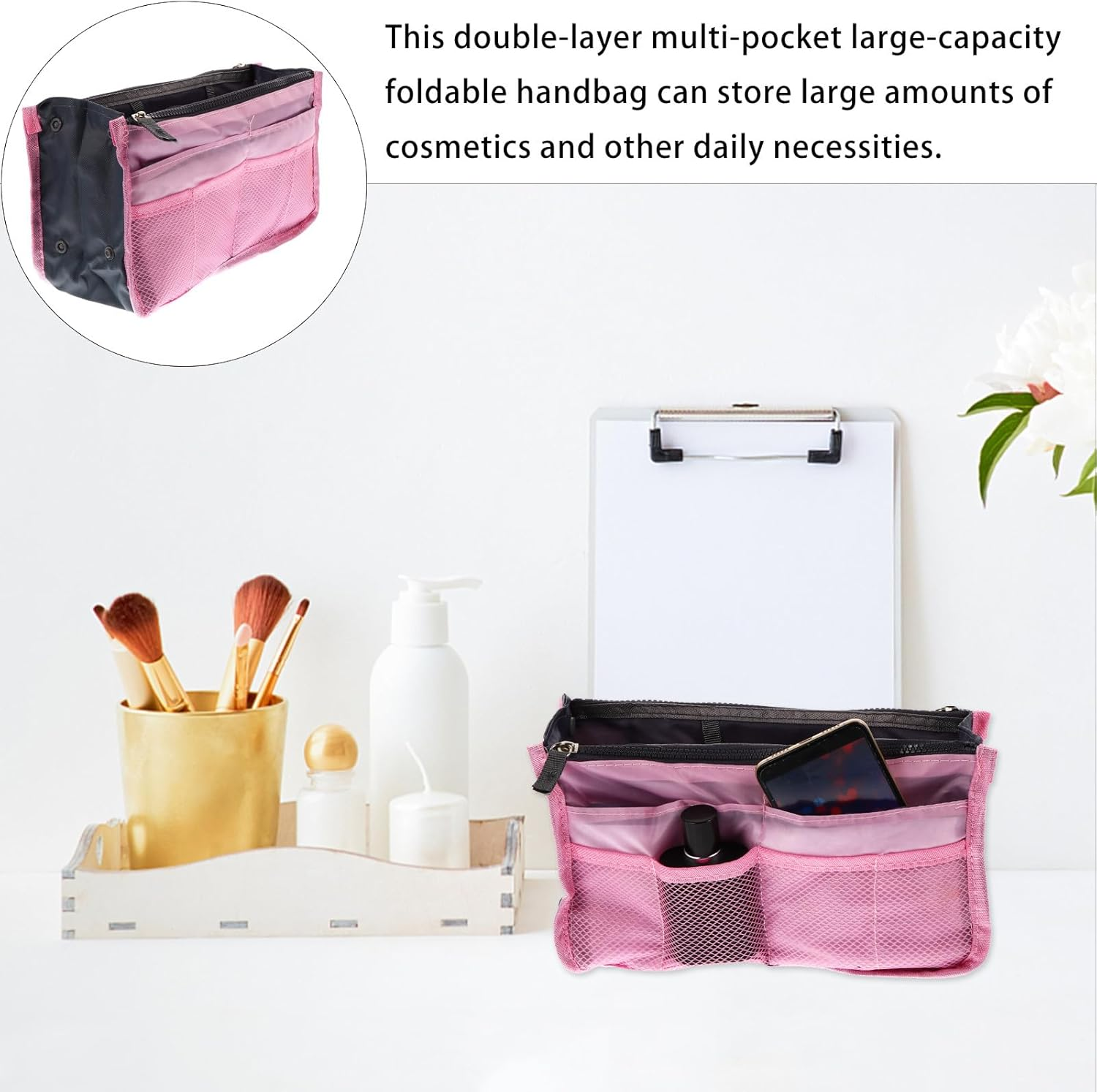 Sewroro Multi-Layer Portable Makeup Storage Bag Liner with Large Capacity and Multiple Pockets, Foldable Nylon Handbag Organizer for Travel and Outdoor Toiletry Use, Pink image number 2