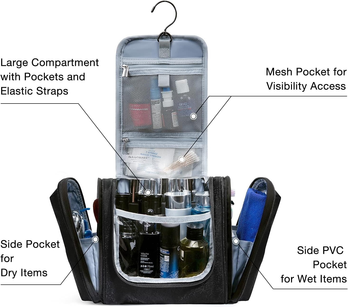 BAGSMART Toiletry Bag for Women, Travel Toiletry Organizer with Hanging Hook, Water-Resistant Cosmetic Makeup Bag Travel Organizer for Shampoo, Full Sized Container, Toiletries, Black, Medium, image number 6