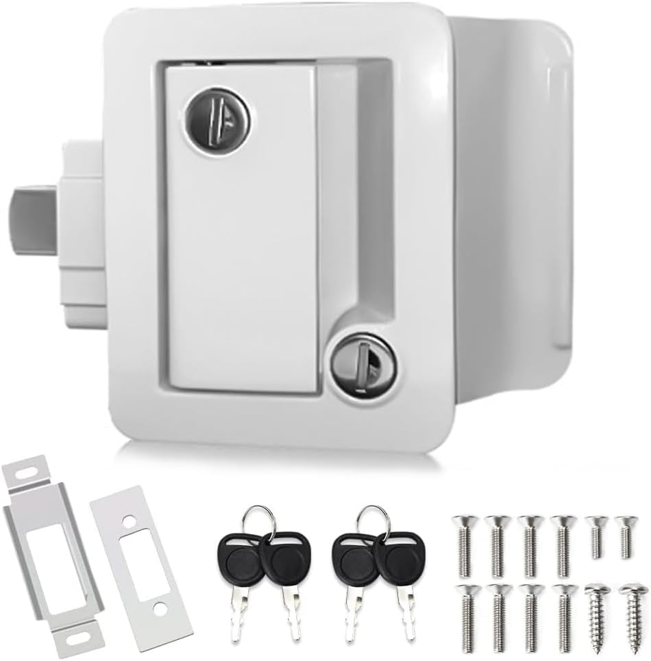RV Murts RV Door Lock Replacement with Paddle Deadbolt, 100% Mental Camper Door Latch, Zinc Alloy Travel Trailer Entry Door Locks, RV Door Latch 4 Keys, Camper Door Lock Kits, RV Door Handle, Black.