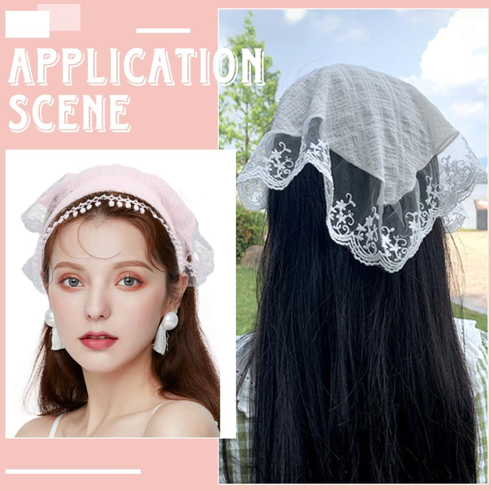 CABODYALS 2 Pieces 2 Colours Lace Hair Bandana Boho French White Pink Vintage Cute Soft Headscarf Non-Slip Summer Scarf Headscarf for Women Bridal Wedding Party Styling Dress Accessories image number 5