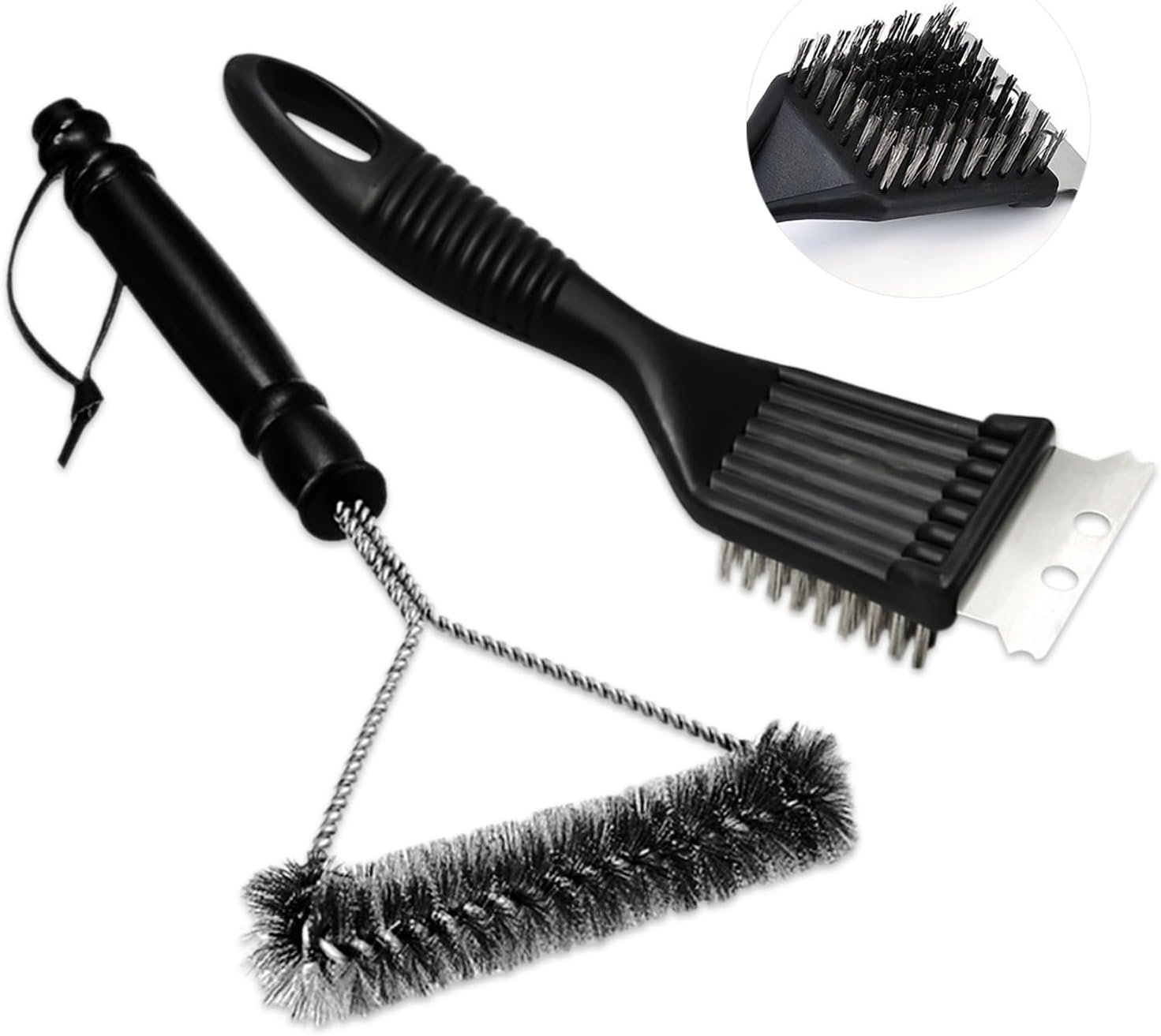 BBQ Cleaning Wire Brush, Bbq Cleaner, Grill Brush, BBQ Oven Cleaner, 2 in 1 Pointed Tail Wire BBQ Brush + Stainless Steel Curl Grill Brush Barbecue Cleaning Kit(Black)
