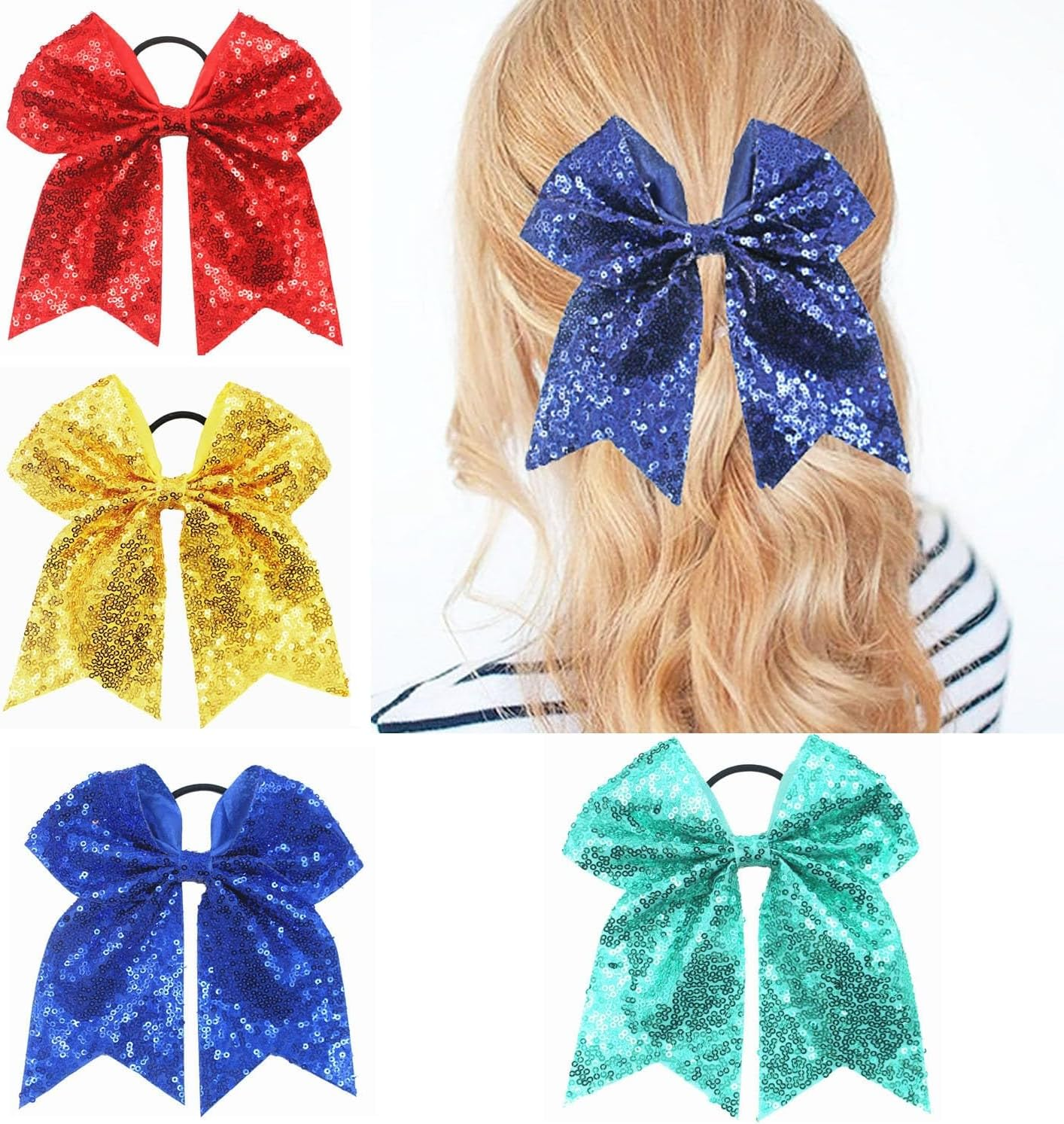 Blausky Pack of 4 Large Bows Hair Bows with Sequins, 18 X 16 Cm, French Bow Scrunchies, Elastic Hair Bows, Glitter Hair Accessories for Women, Party, Christmas, Everyday, Red image number 1