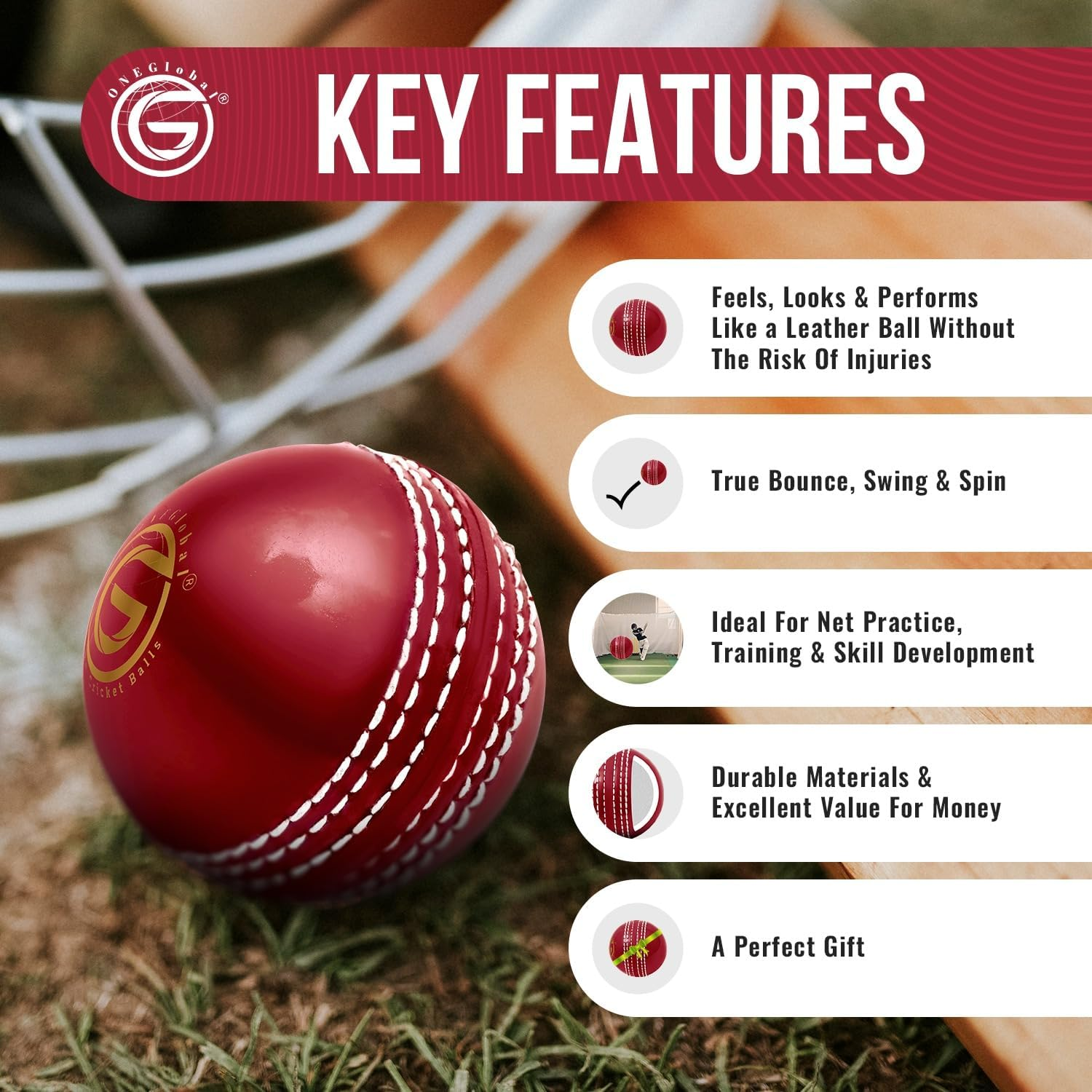 Oneglobal Soft & Safe Indoor Outdoor Incrediball Cricket Ball | with Real Stitched Seam for Coaching, Training, Practice & Garden Play | 5 Colours, for All Ages image number 6