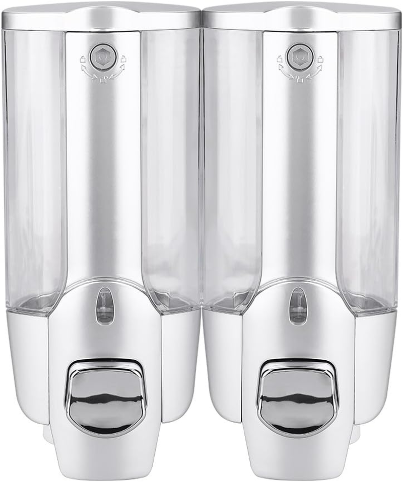 Wall Mounted, Liquid Transparent Shampoo Container Space Saving Liquid Pump with Built in Springs for Home (Silver Double Cups) image number 6