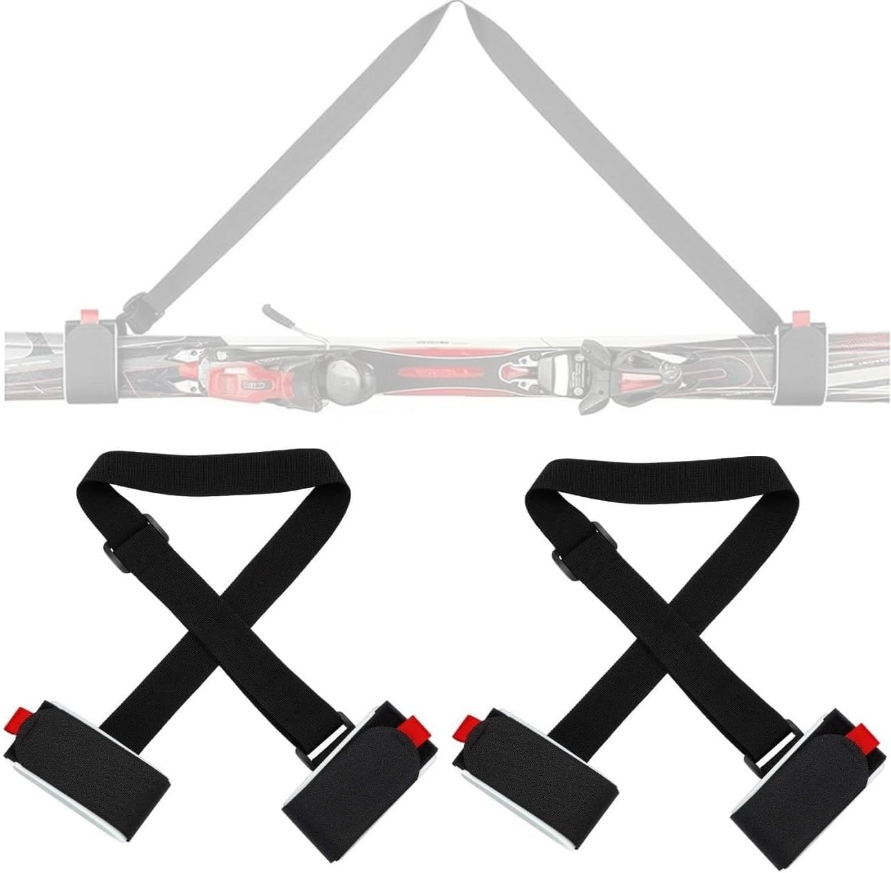 WADY 2 Pack Ski Carrier Strap & Pole Carrier, Adjustable Shoulder Strap with Cushioned Fastener Tape, Ergonomic Ski/Snowboard Lash Belt for Hands-Free Carrying (Black) image number 2