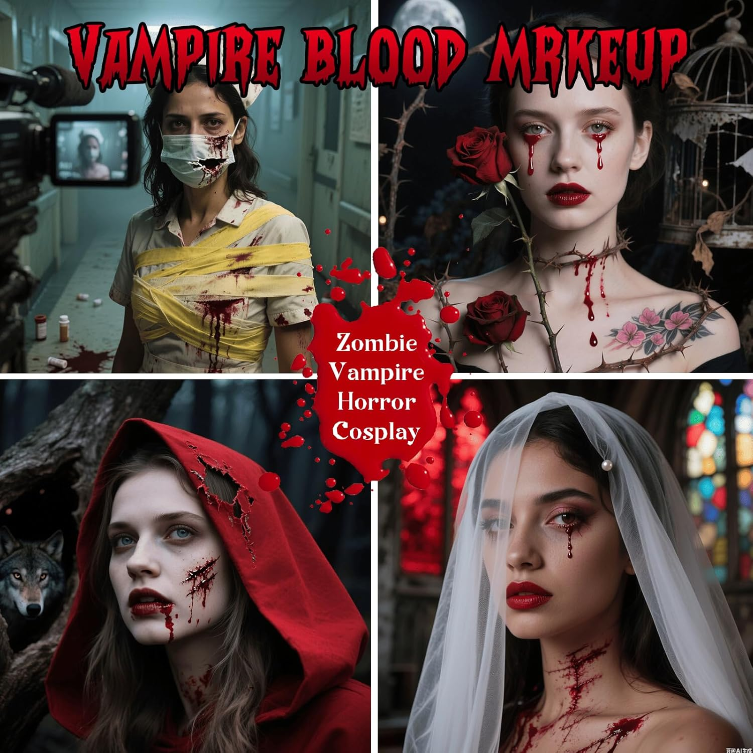 3Pcs Vampire Blood Fake Blood Kit - Coagulated Gel, Spray & Dripping Liquid for Realistic Vampire Zombie SFX Makeup, Skin-Safe Washable Special Effects Blood for Halloween Cosplay Costume Party