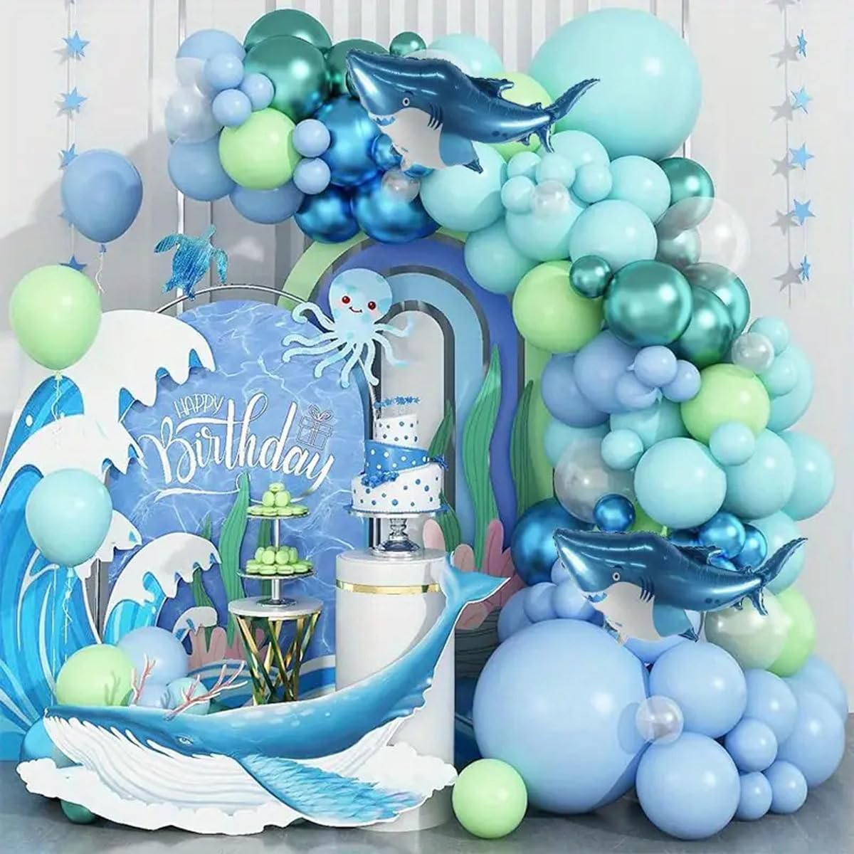 Under the Sea Balloon Garland Arch Kit, 91Pcs Metalic Blue Green White Latex Balloon Shark Balloons under the Sea Balloons Arch for Shark Ocean Birthday Party Decorations