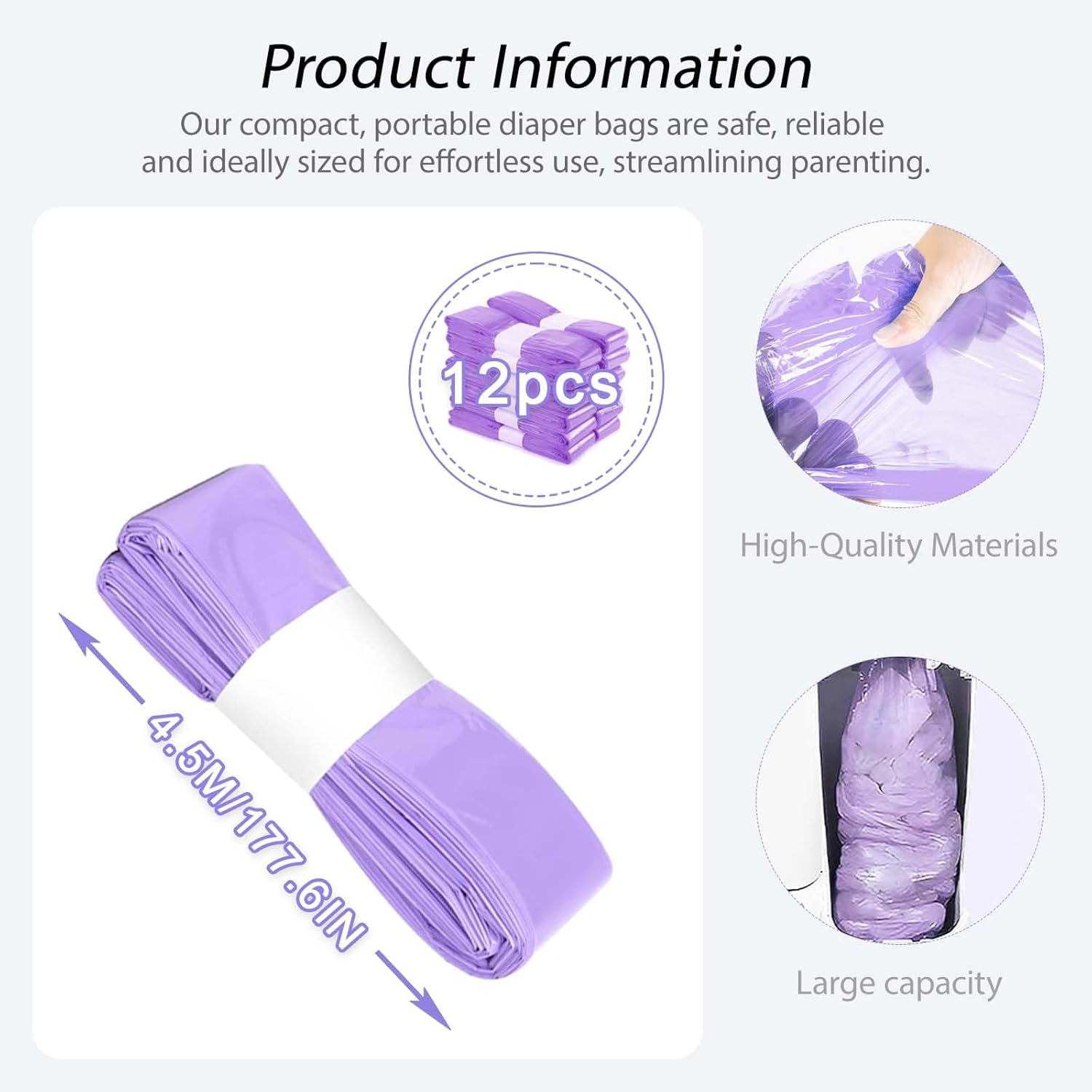 12-Pack 4.5M Nappy Bin Refill Bags Nappy Bags Disposable, Nappy Bin Refill Compatible with Angelcare/Tommee Tippee Sangenic and Platex Diaper Genie Diaper Pail(Purple) image number 6