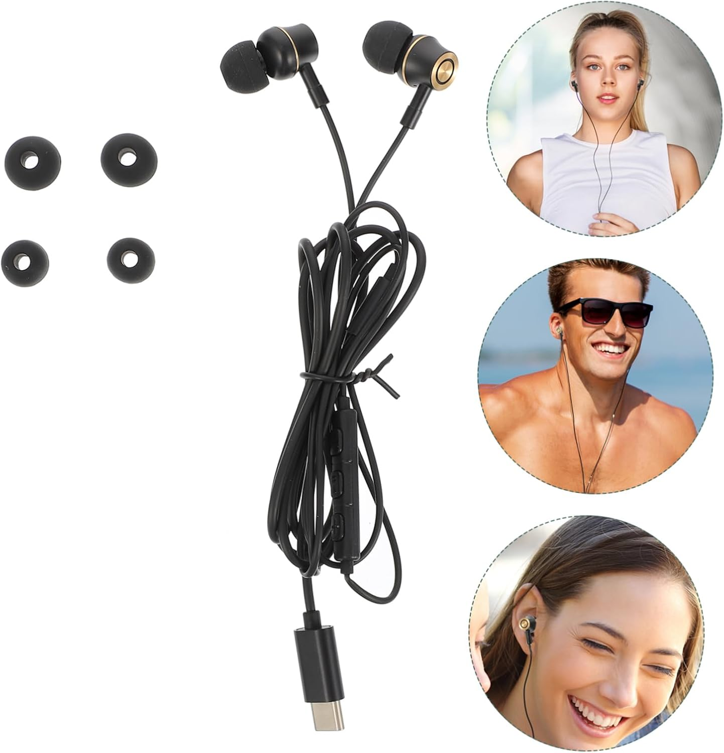 HEATSHAKING Usb-C In-Ear Earphones with Mic and Volume Control, Wired Stereo Type-C Headphones for Phone and Tablet, Metal Earbuds with Remote Black for Calls and Music image number 1