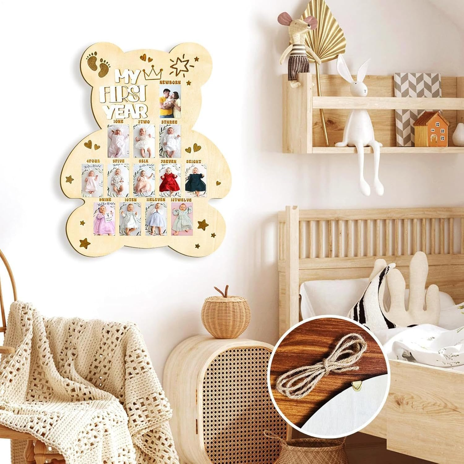 Baby Photo Board | Cute Baby Picture Frame | Wood Kids Growth Picture Display Board for New Parents Enthusiasts Photographers Family Reunion First Birthday Travel - Bath Bottle image number 5